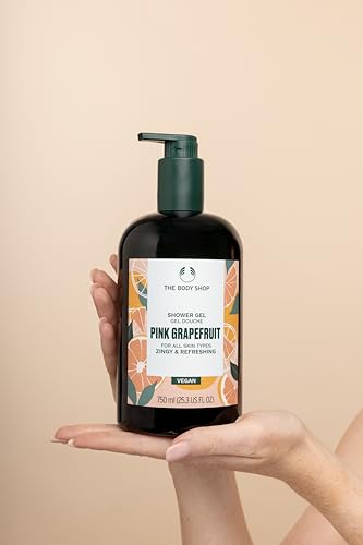 The Body Shop Pink Grapefruit Shower Gel label close-up showcases vegan-certified ingredients.
