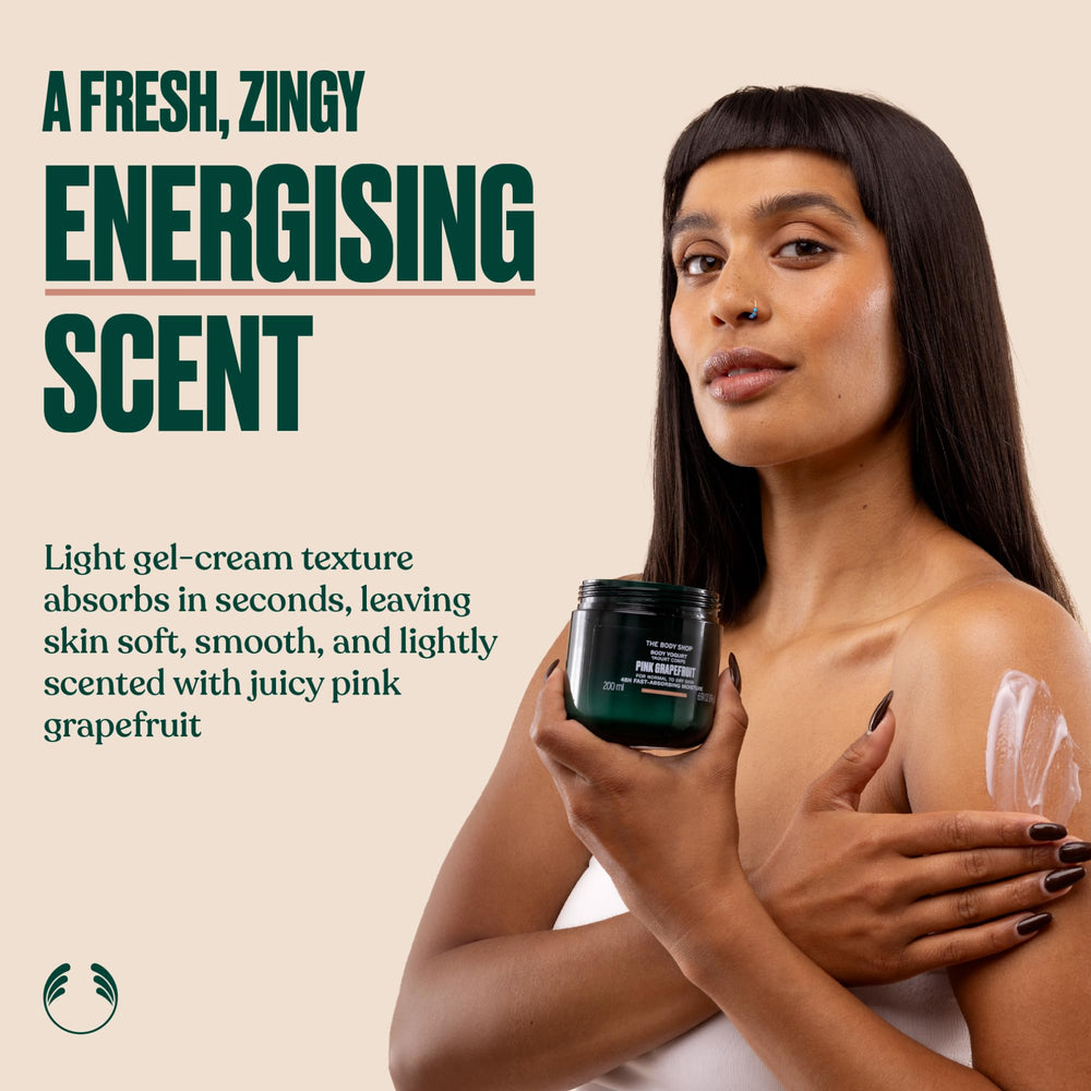 The Body Shop Pink Grapefruit Shower Gel close-up highlighting zesty, energizing aroma.
