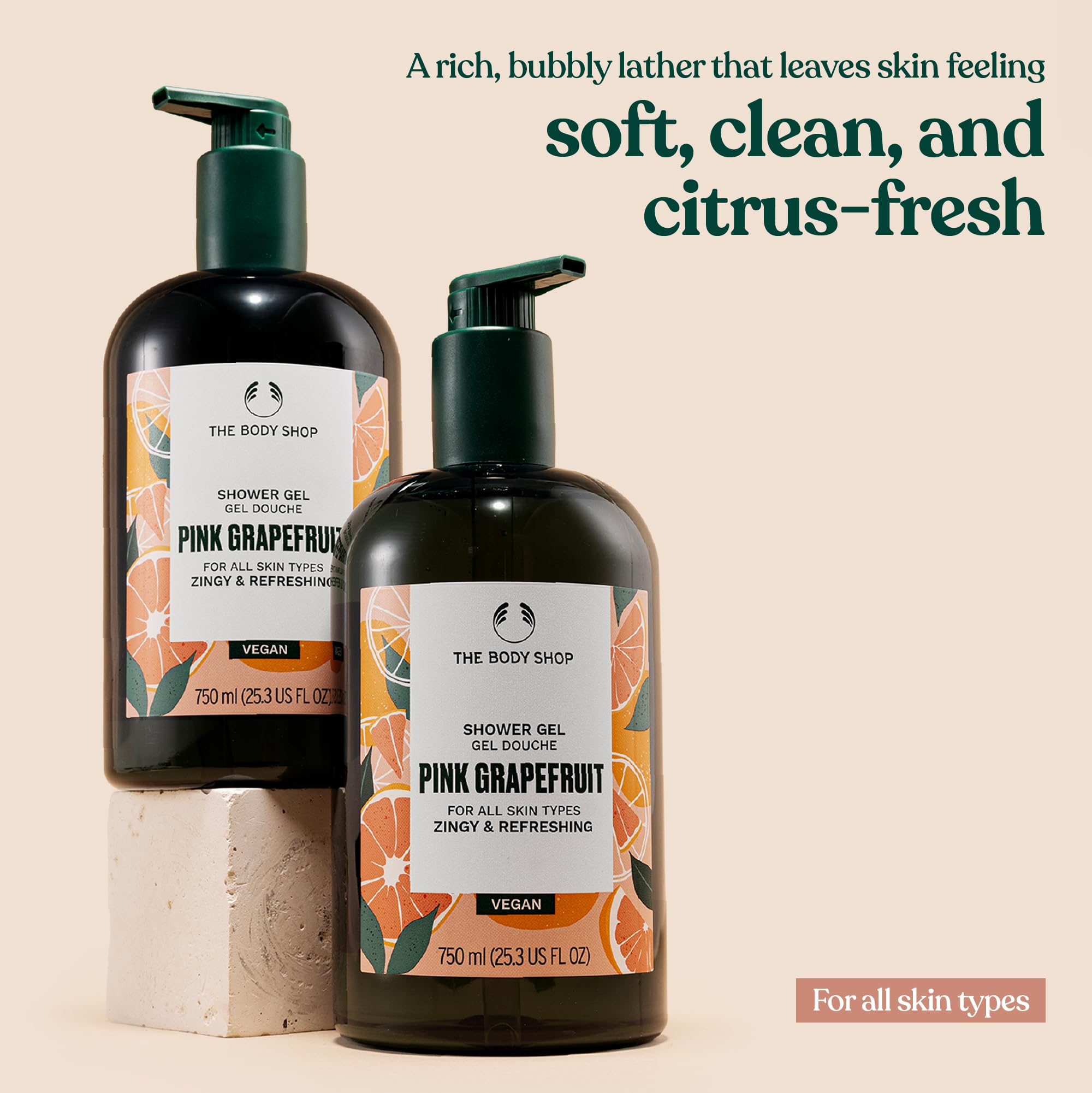 Pink Grapefruit Shower Gel pour shot emphasizes easy dispensing and quick lather.