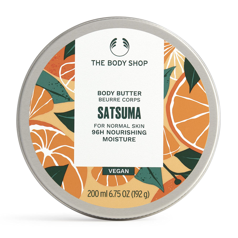 The Body Shop Satsuma Body Butter jar shows creamy texture for nourished skin.