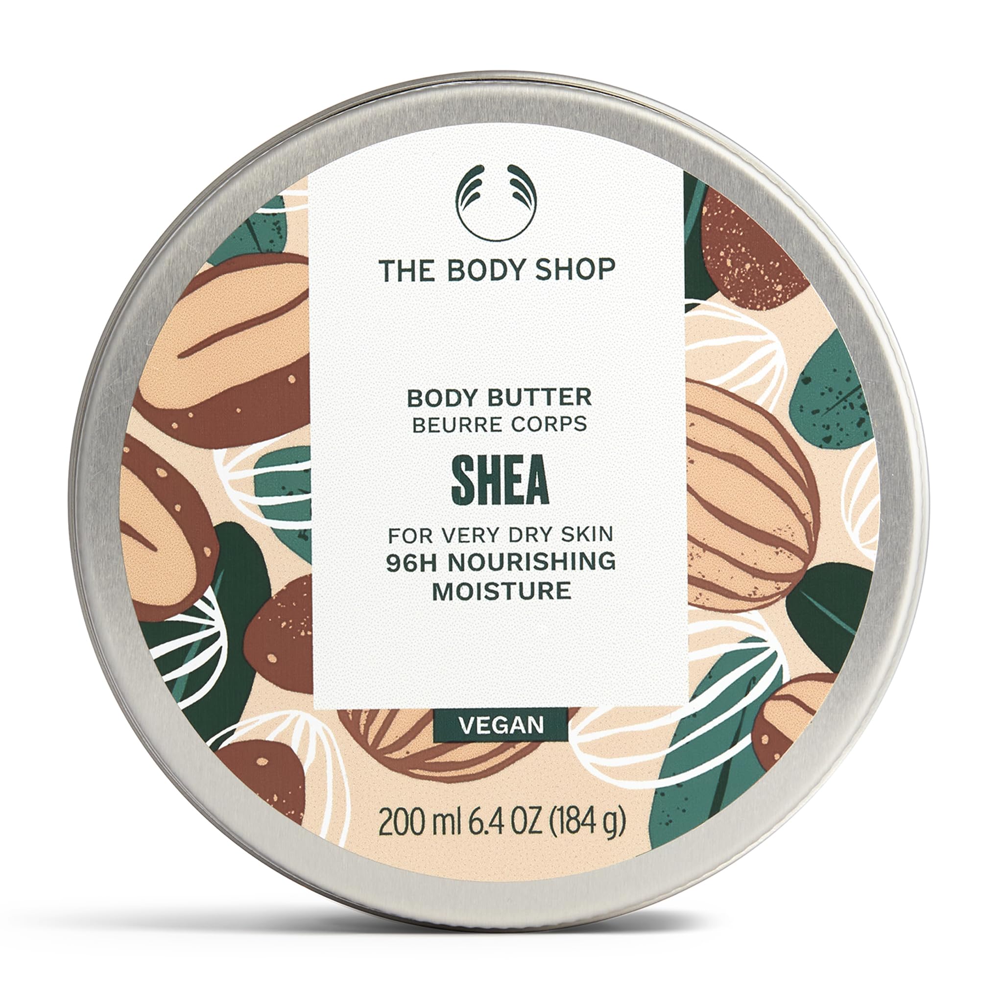 The Body Shop Shea Body Butter jar close-up showing rich moisture for very dry skin.