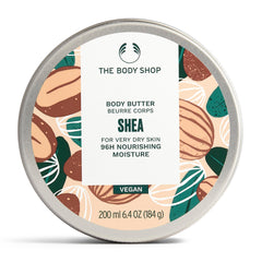 The Body Shop Shea Body Butter jar close-up showing rich moisture for very dry skin.