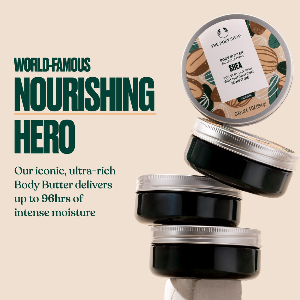 The Body Shop Shea Body Butter texture swatch illustrating creamy, non-greasy nourishment.