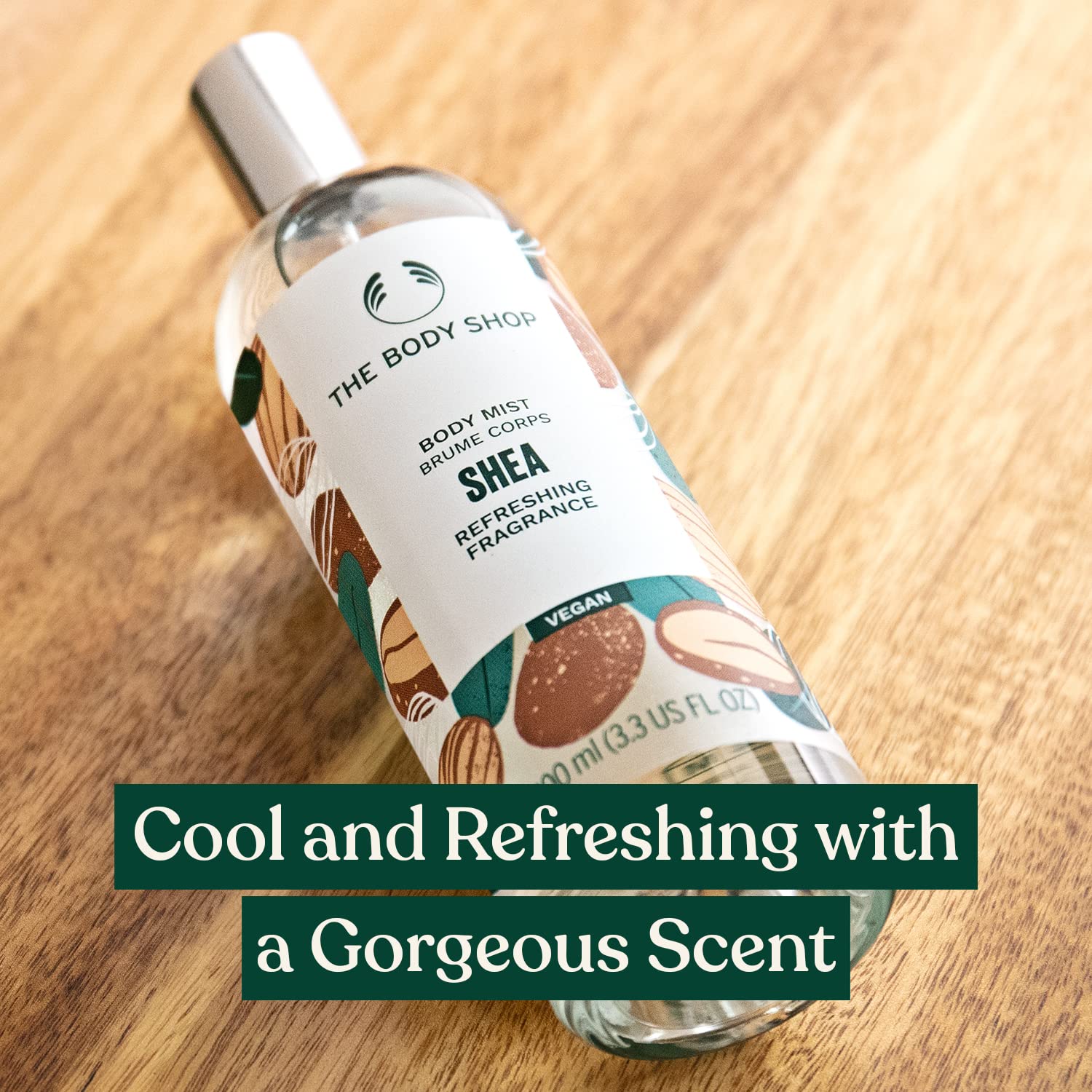 The Body Shop Shea Body Mist spray application presents an uplifting nutty aroma.