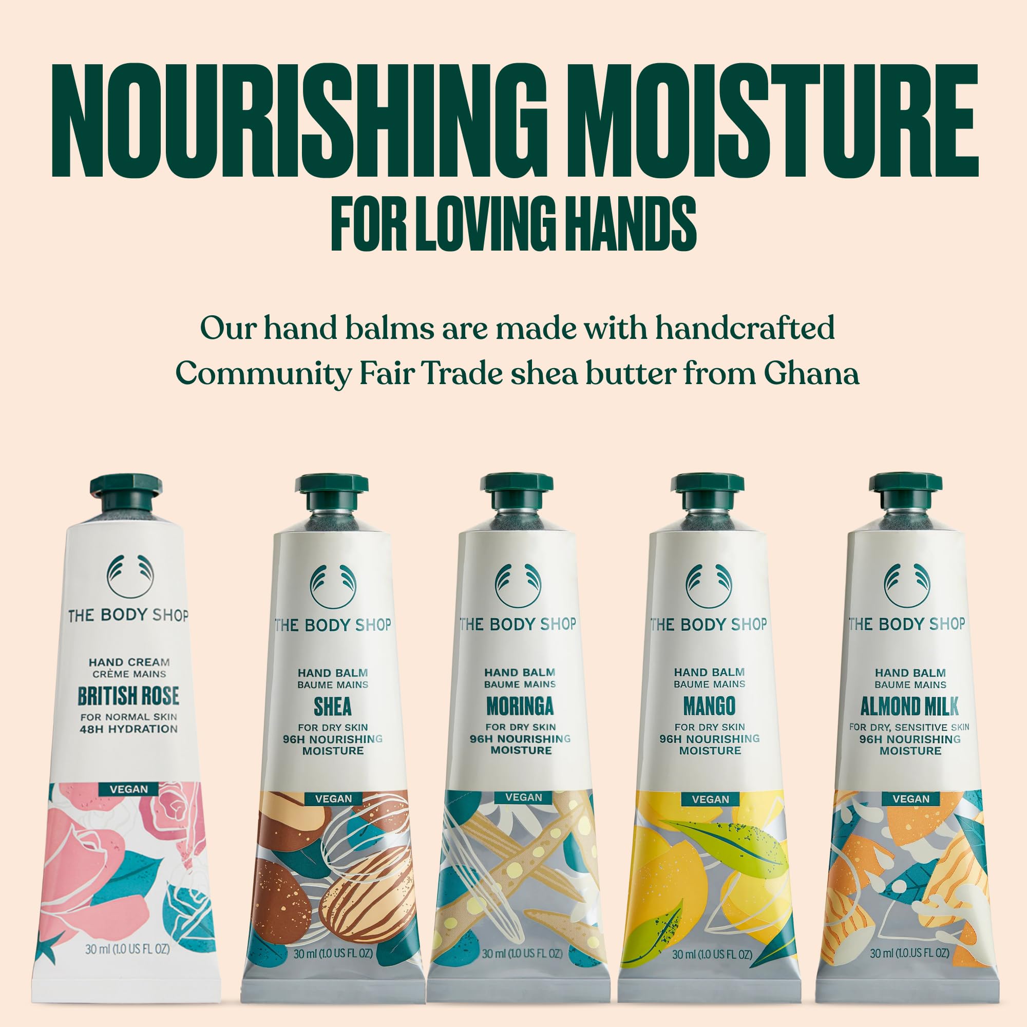 The Body Shop Shea hand balm tube, rich moisture for everyday nourishment.