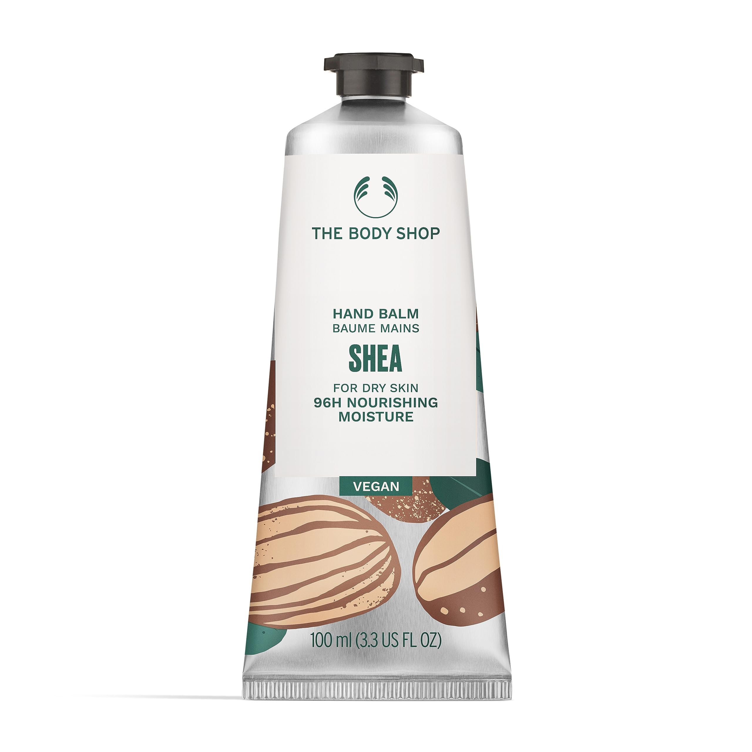 The Body Shop Shea Hand Balm application closeup showing quick-absorb gel-cream for dry hands