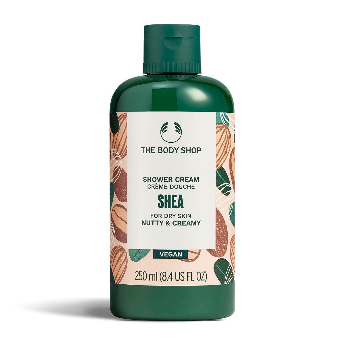 The Body Shop Shea Shower Cream bottle shows creamy cleanse for very dry skin