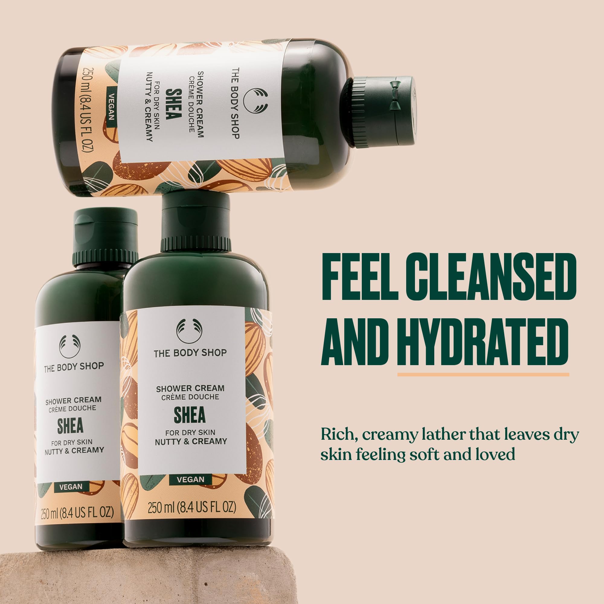 The Body Shop Shea Shower Cream label highlights natural origin ingredients and vegan certification