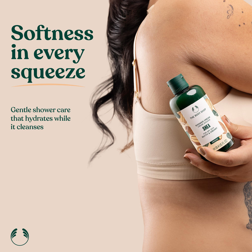 The Body Shop Shea Shower Cream pour shot captures gentle cleansing suitable for dry skin