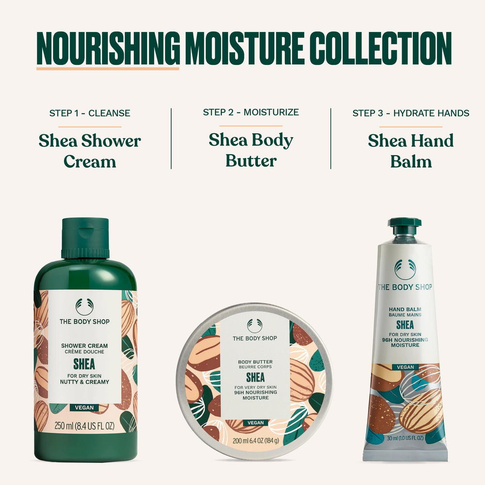 The Body Shop Shea Shower Cream vegan certified badge visible on packaging