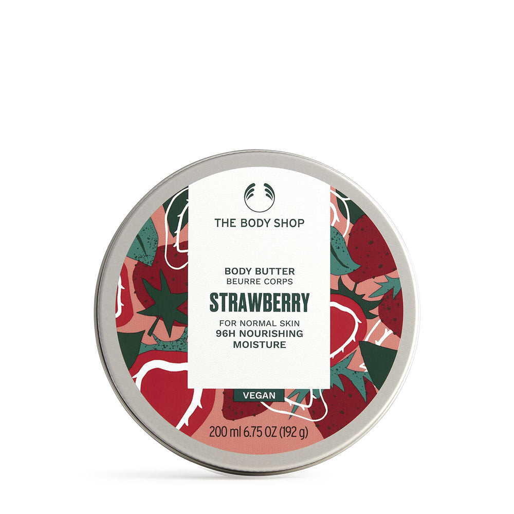 The Body Shop Strawberry Body Butter jar closeup showing creamy texture for smooth skin.