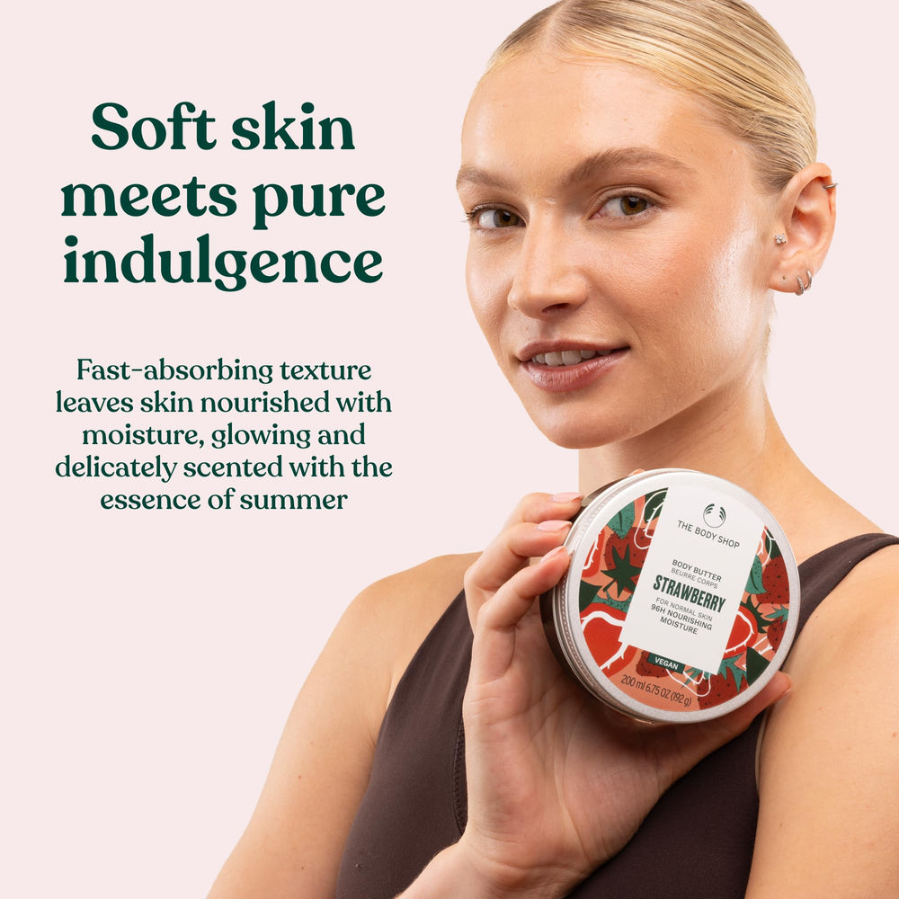The Body Shop Strawberry Body Butter shea butter-rich formula nourishes dry areas.