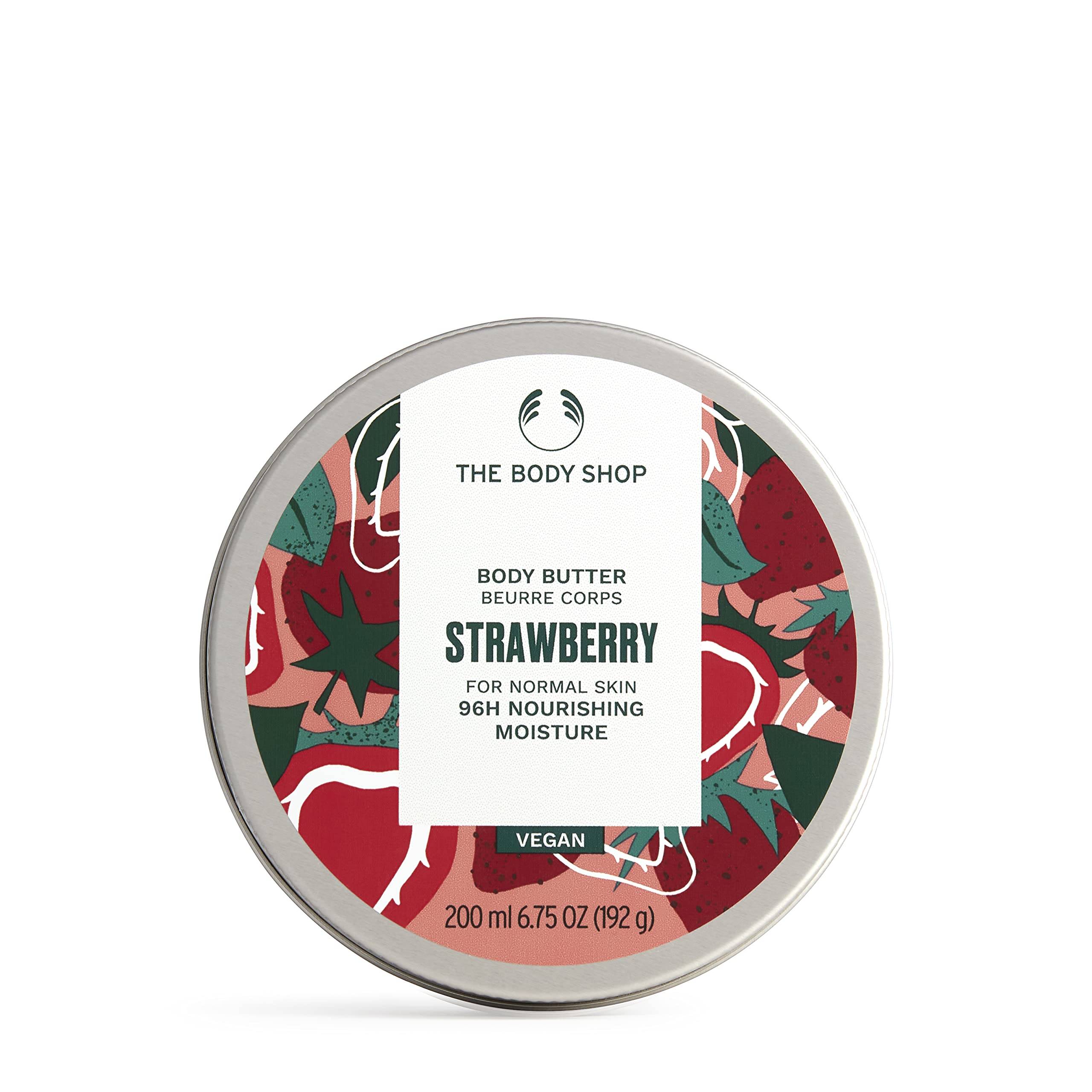 The Body Shop Strawberry Body Butter tub texture for rich moisturization and lasting softness.