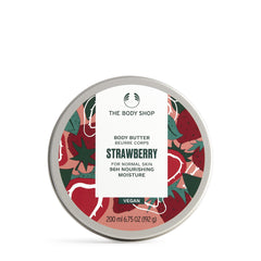 The Body Shop Strawberry Body Butter tub texture for rich moisturization and lasting softness.