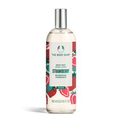 The Body Shop Strawberry Body Mist bottle—fruity fragrance for instant refreshment