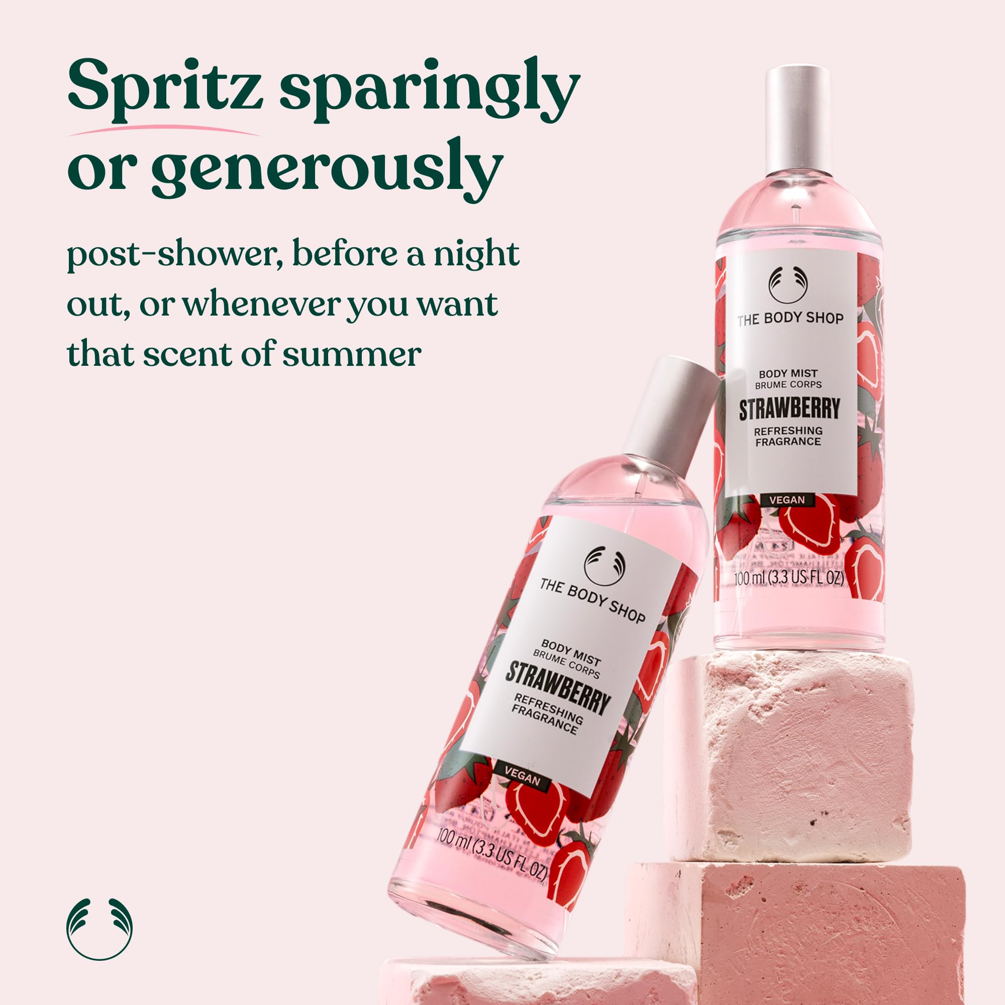 The Body Shop Strawberry Body Mist glass packaging—sustainable, recyclable design