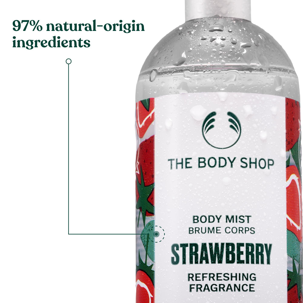 The Body Shop Strawberry Body Mist ingredients panel—natural-origin inputs and Community Trade alcohol