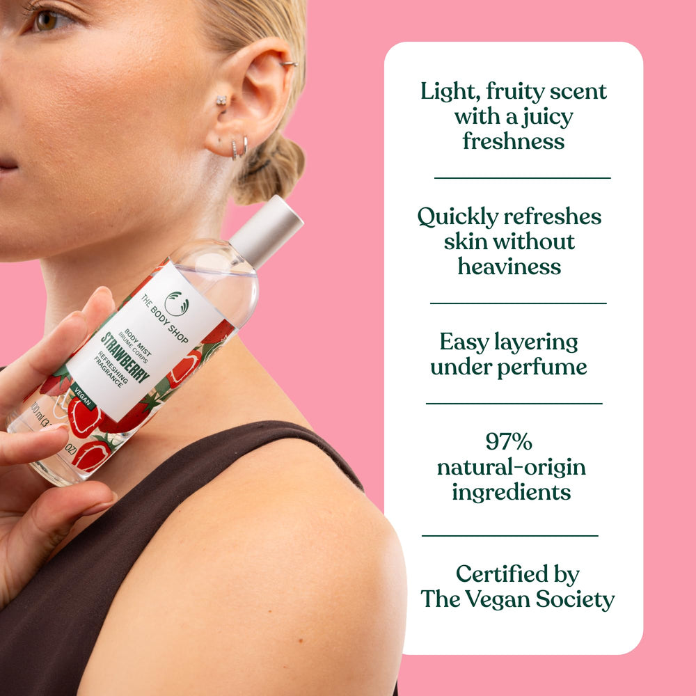 The Body Shop Strawberry Body Mist on skin—daily-use refresh for a subtle rosy glow