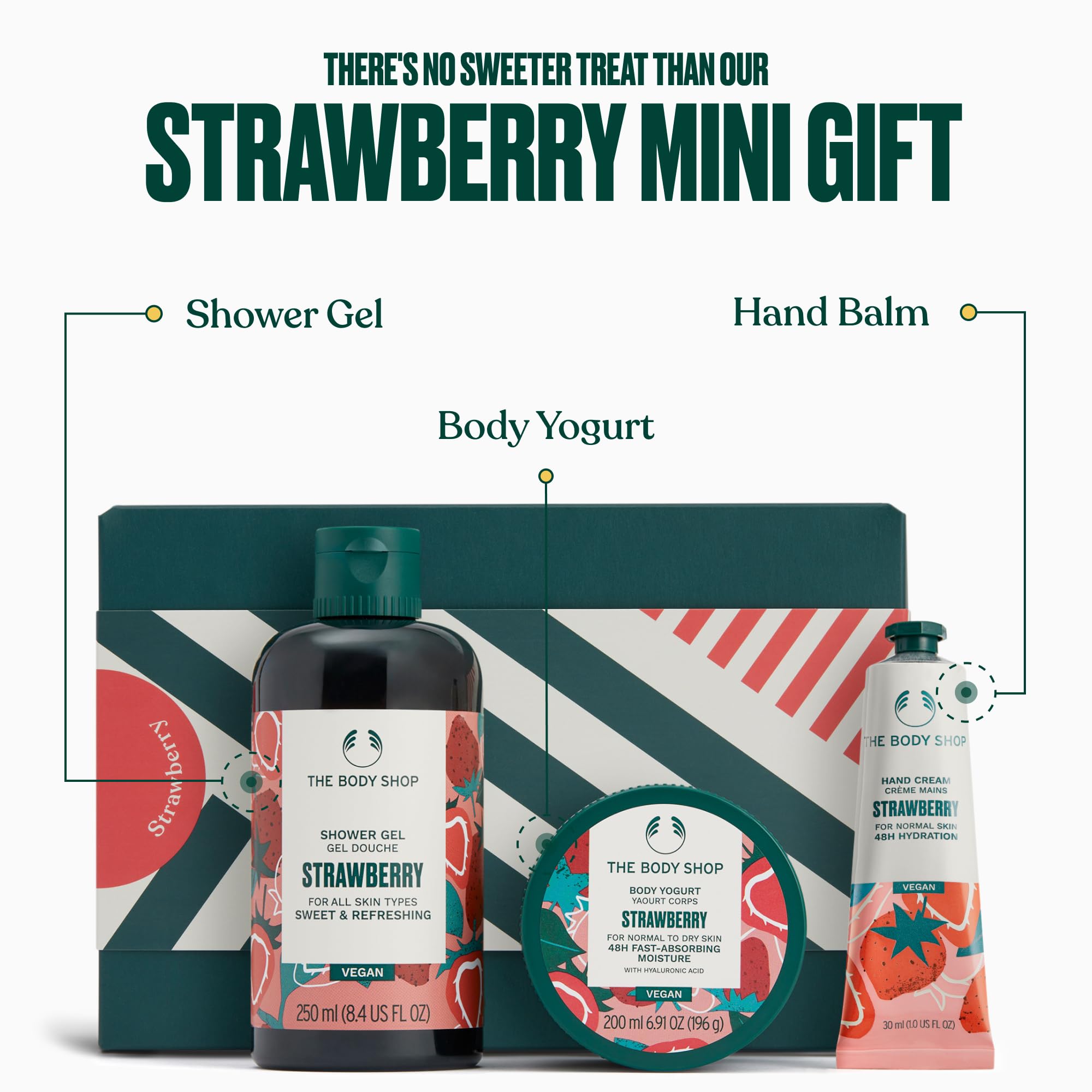 The Body Shop Strawberry Body Yogurt jar highlights 48hr moisture for smoother, softer skin.