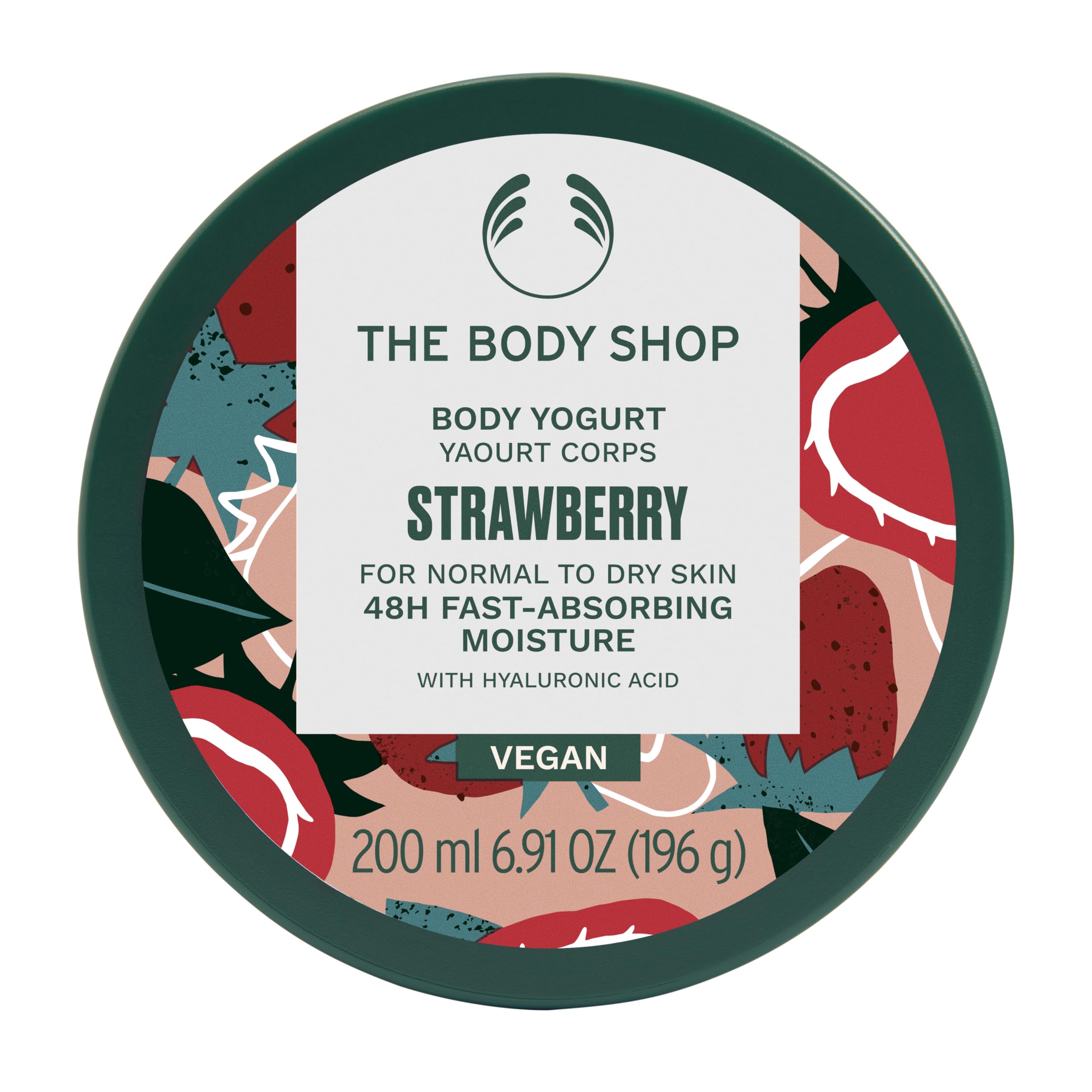 The Body Shop Strawberry Body Yogurt packaging highlights vegan formula and juicy strawberry care