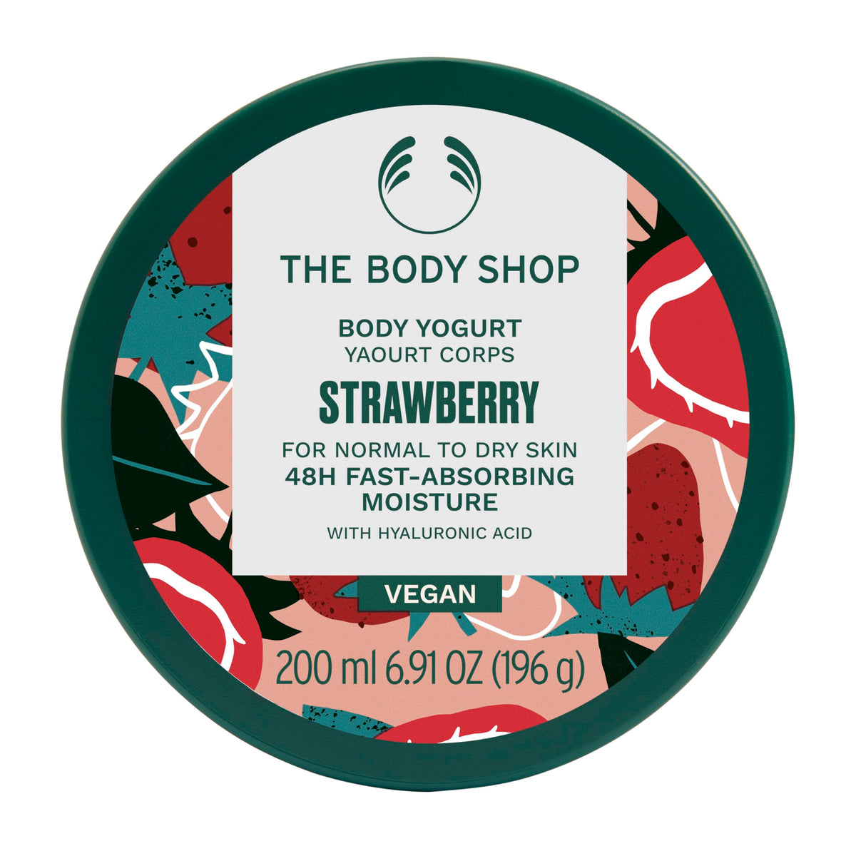 The Body Shop Strawberry Body Yogurt packaging highlights vegan formula and juicy strawberry care