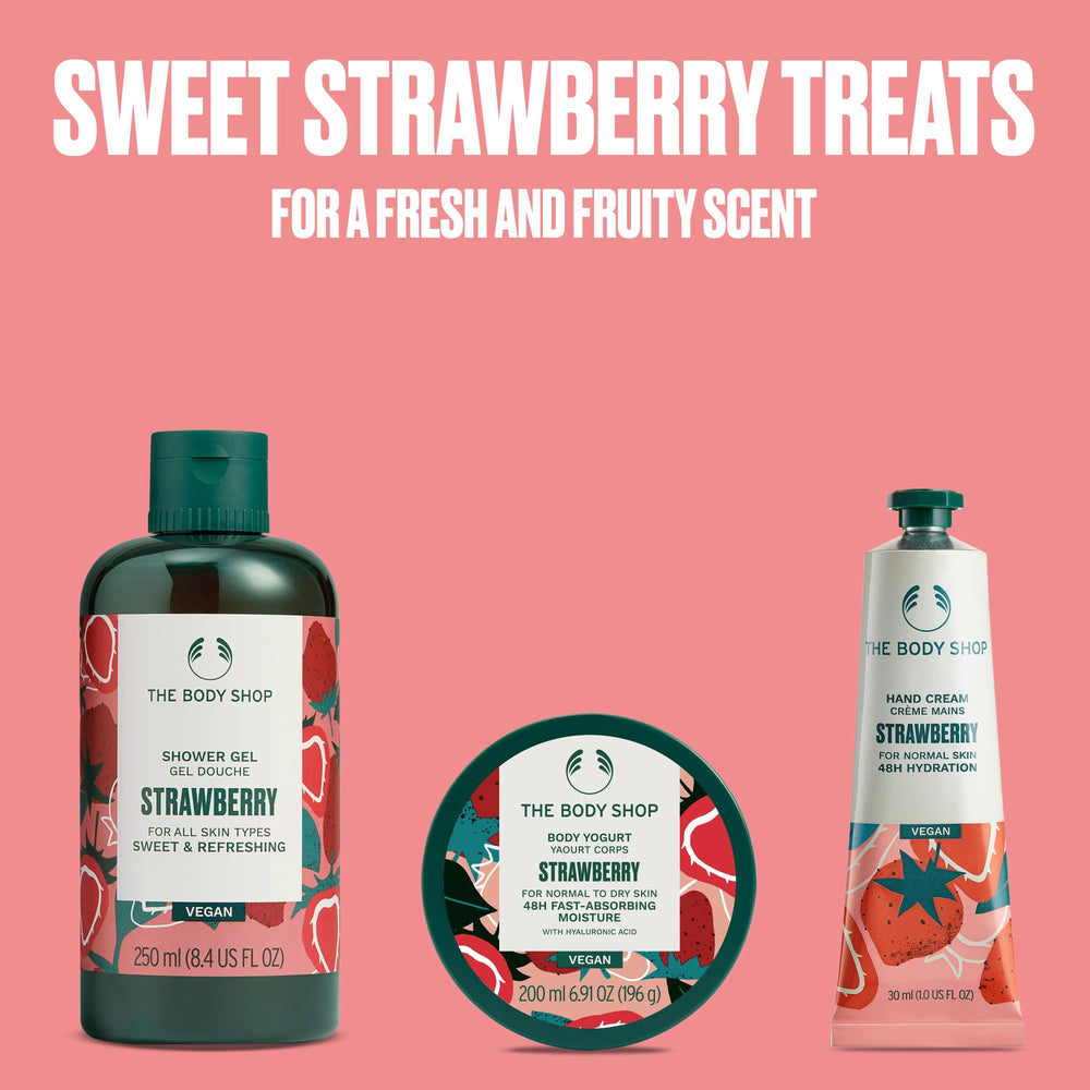 The Body Shop Strawberry Hand Cream tube demonstrates daily protection for dry, on-the-go hands.
