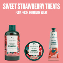 The Body Shop Strawberry Hand Cream tube demonstrates daily protection for dry, on-the-go hands.