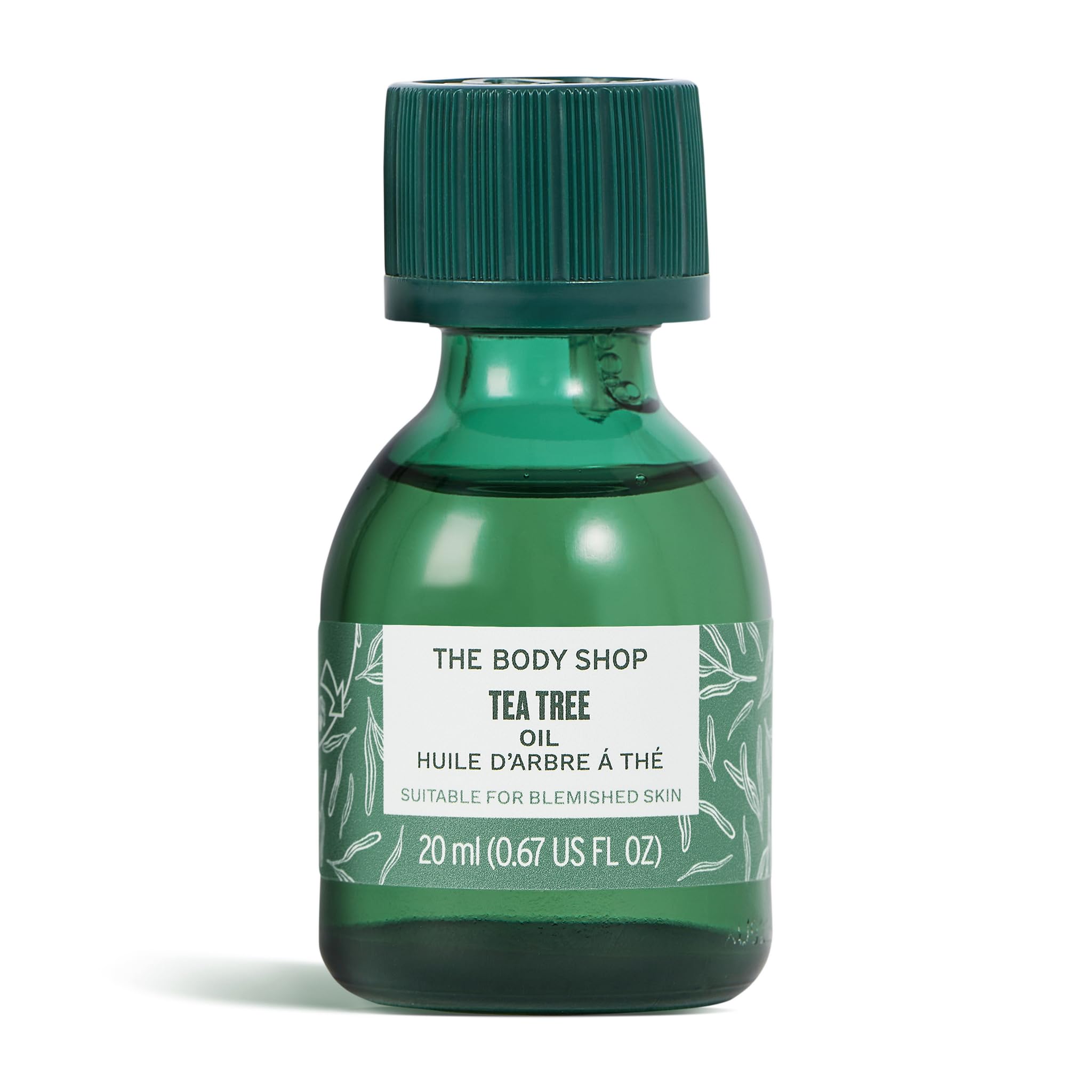 The Body Shop Tea Tree Oil bottle close-up illustrating purifying action for blemish-prone skin