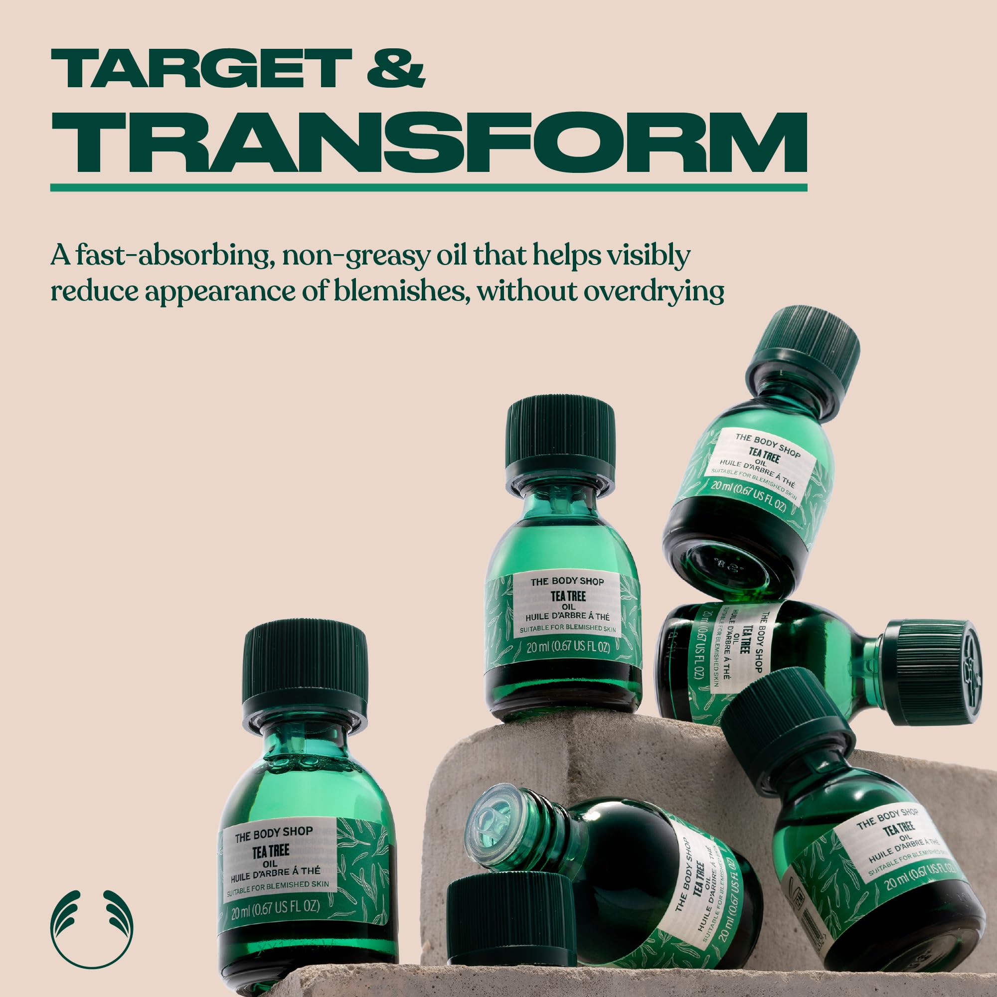 The Body Shop Tea Tree Oil dispensing drops illustrate targeted blemish care.