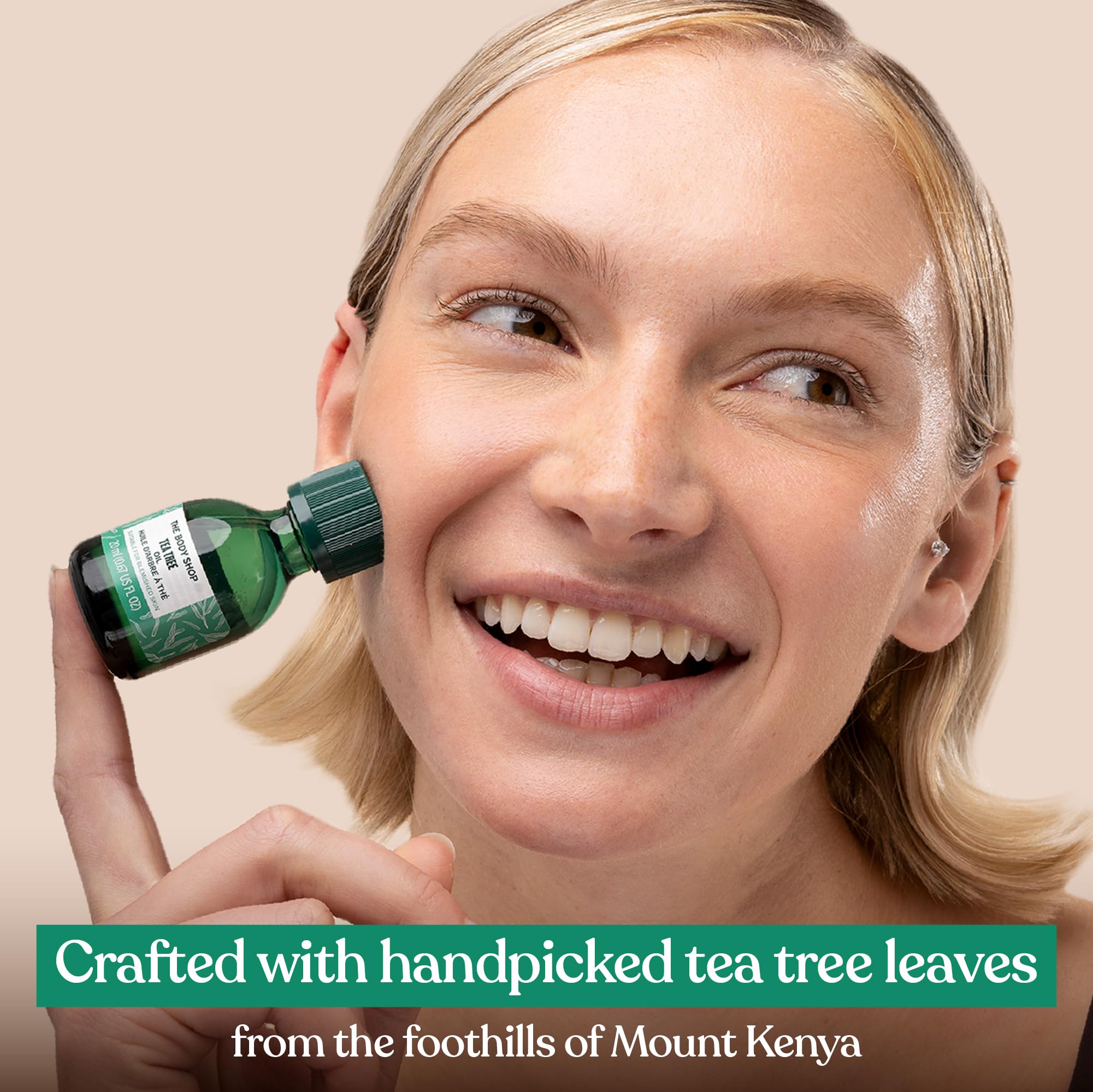 The Body Shop Tea Tree Oil label line-up highlights ingredients and vegan formula.