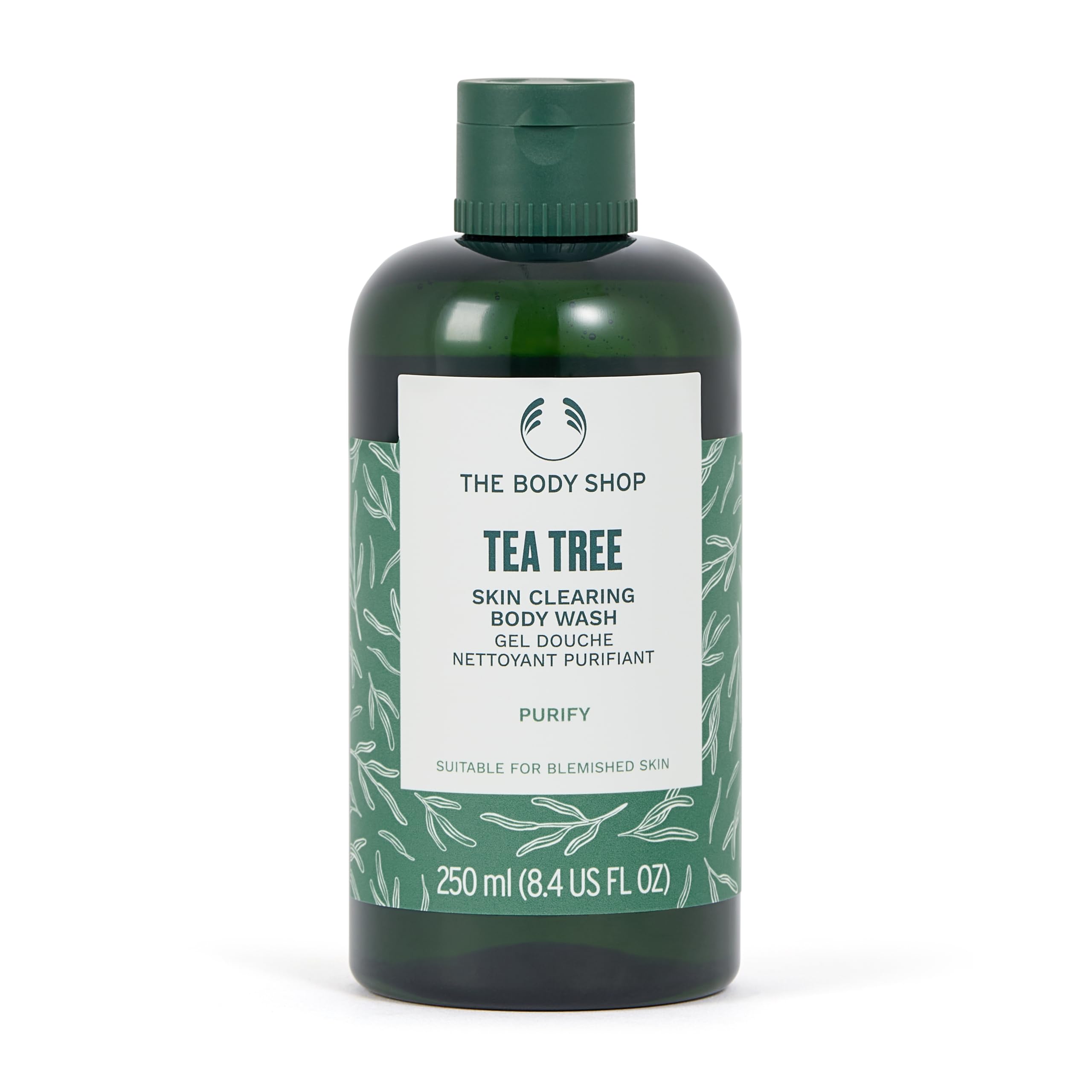 The Body Shop Tea Tree Skin Clearing Body Wash bottle offers refreshing cleansing for oil-prone skin.