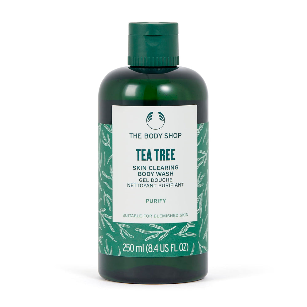 The Body Shop Tea Tree Skin Clearing Body Wash bottle offers refreshing cleansing for oil-prone skin.