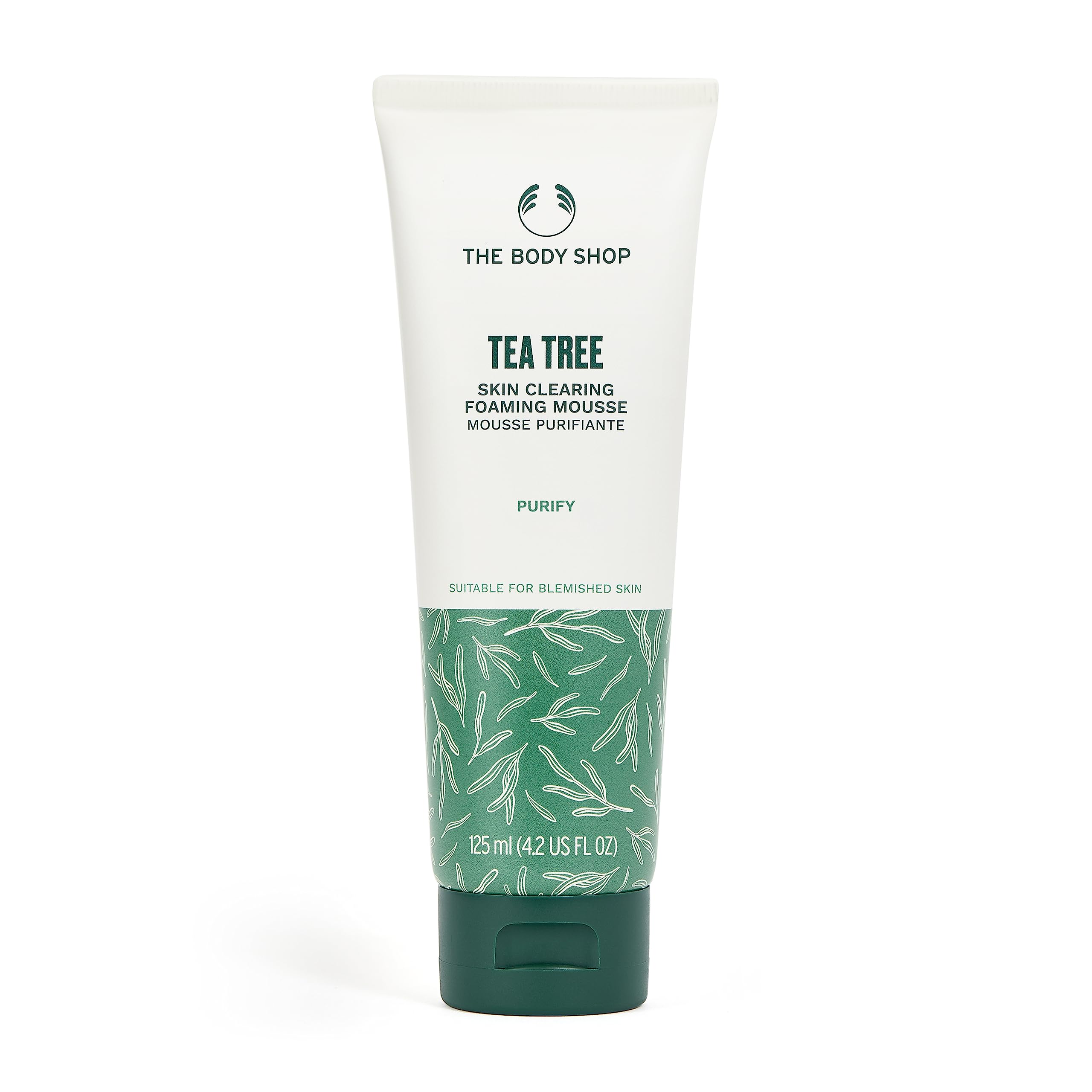 The Body Shop Tea Tree skin-clearing foaming cleanser bottle delivering mattifying cleanse for oily skin.