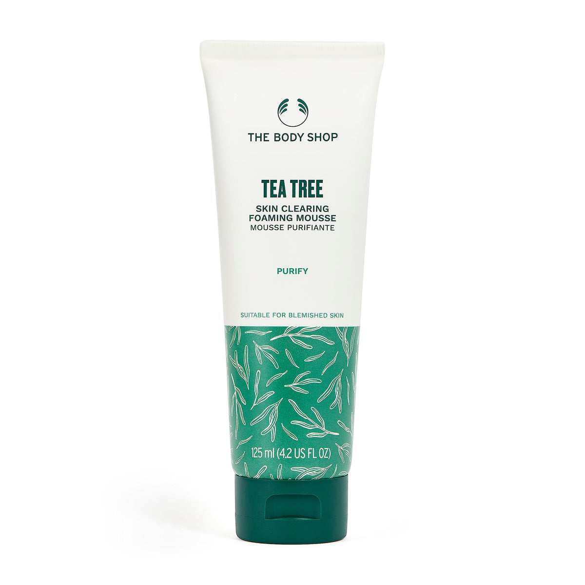 The Body Shop Tea Tree skin-clearing foaming cleanser bottle delivering mattifying cleanse for oily skin.