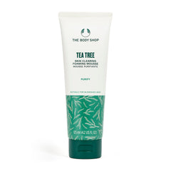 The Body Shop Tea Tree skin-clearing foaming cleanser bottle delivering mattifying cleanse for oily skin.