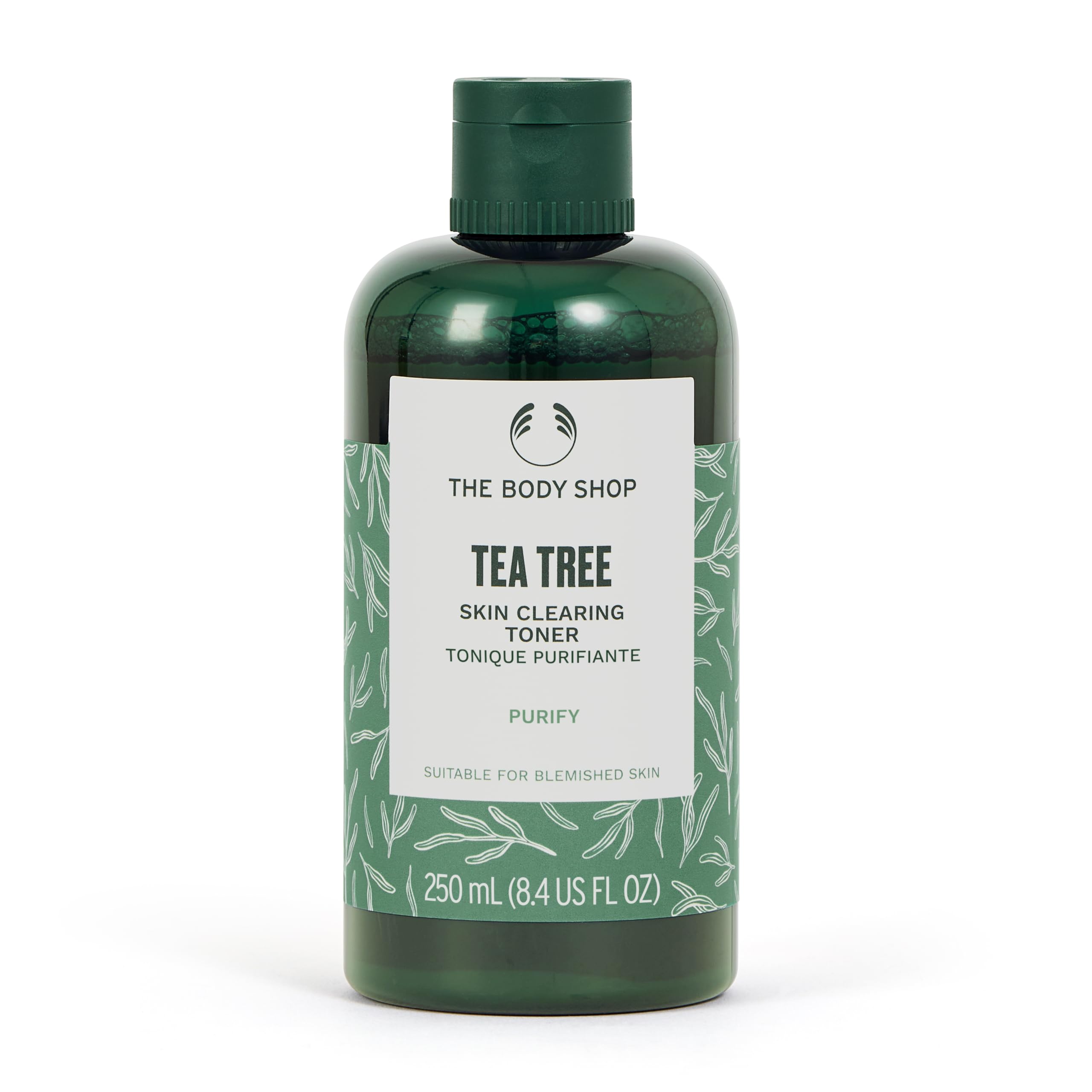 The Body Shop Tea Tree Skin Clearing Mattifying Toner bottle close-up showing oil-control, refreshing cleanse