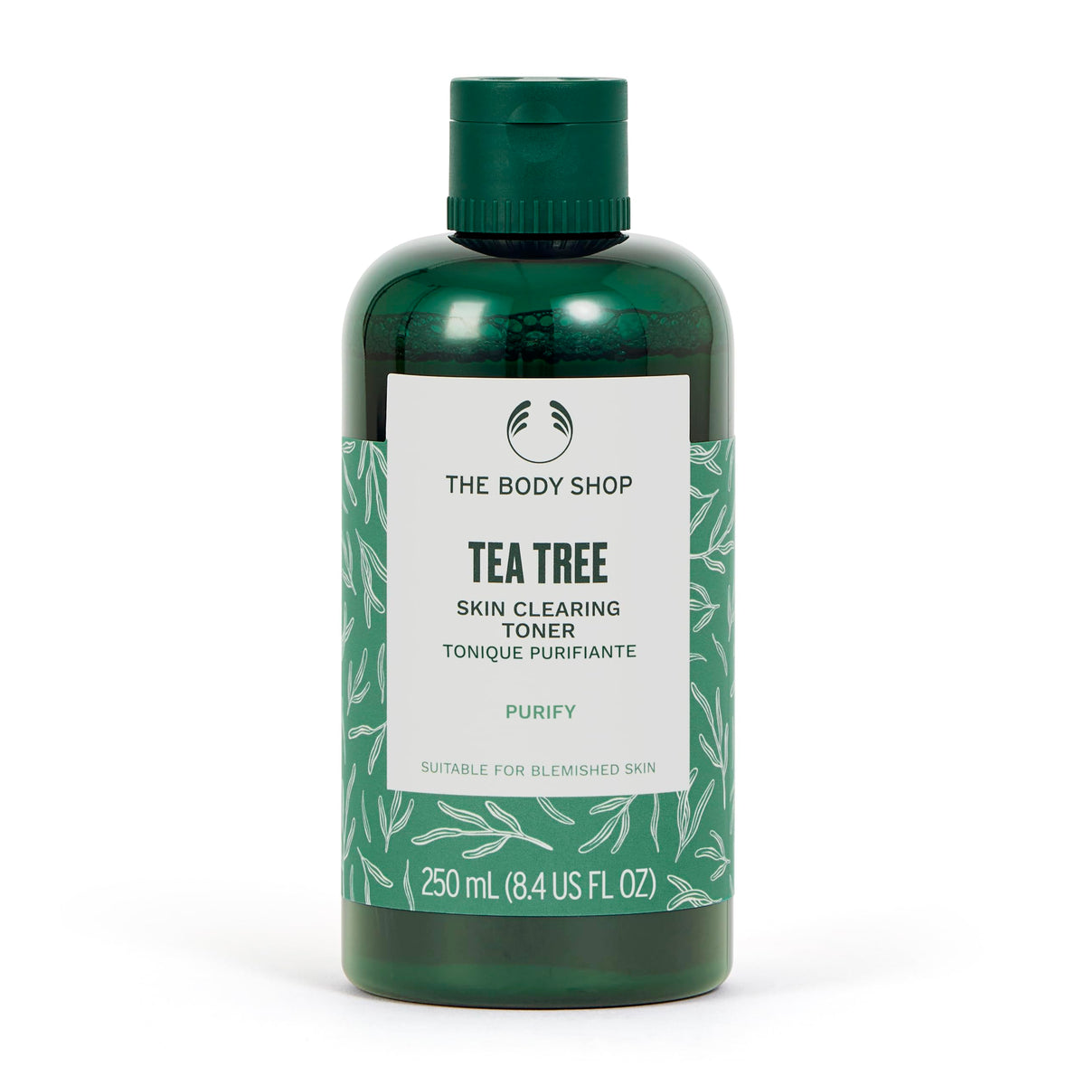 The Body Shop Tea Tree Skin Clearing Mattifying Toner bottle close-up showing oil-control, refreshing cleanse