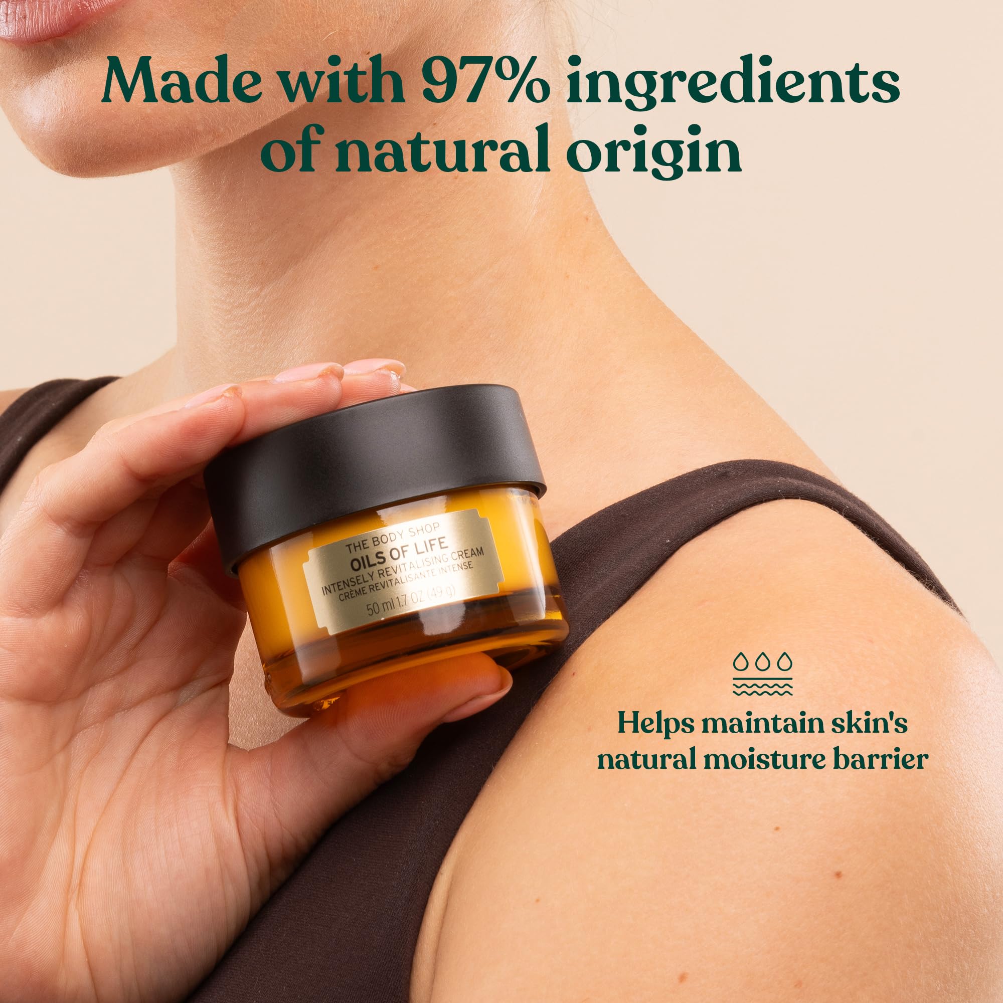 The Body Shop vegan formula badge signals cruelty-free, plant-based care.