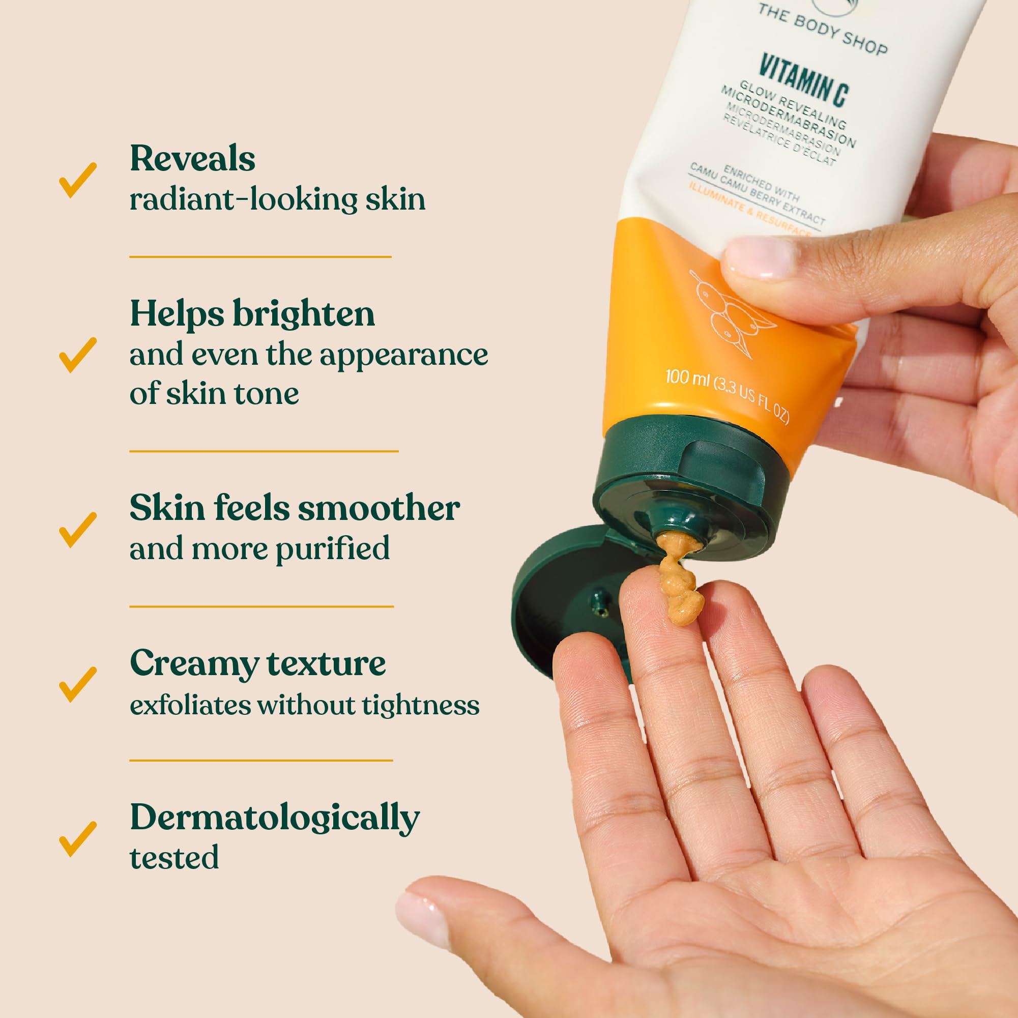 The Body Shop Vitamin C Glow Boosting Microdermabrasion application shows easy weekly skincare routine