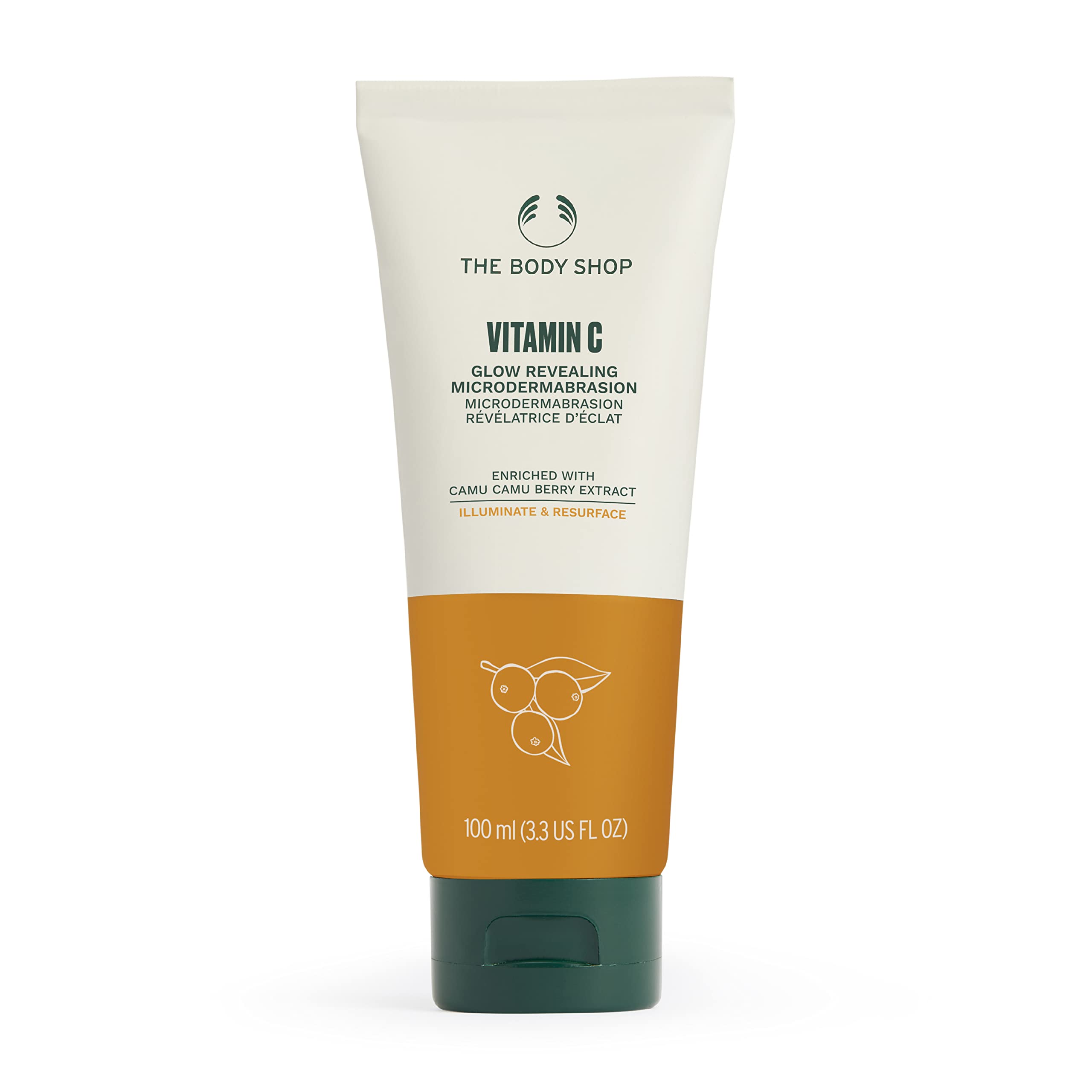 The Body Shop Vitamin C Glow Boosting Microdermabrasion bottle delivers at-home exfoliation for brighter skin