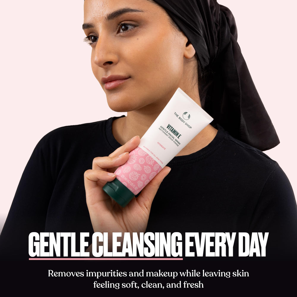 The Body Shop Vitamin E Gentle Facial Wash applied on skin for fresh feel