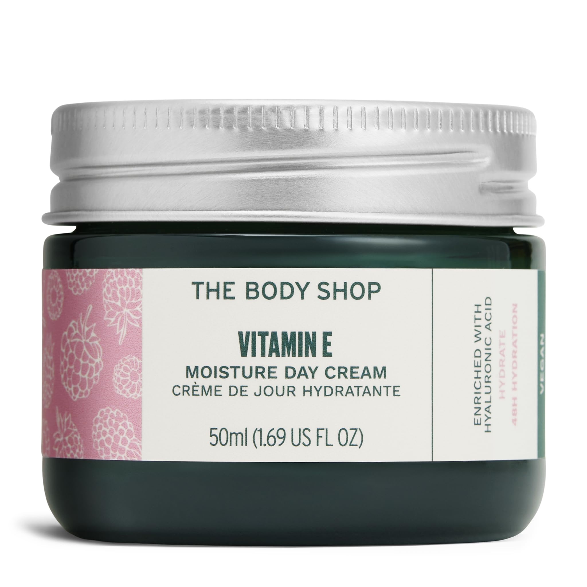 The Body Shop Vitamin E Moisture Cream jar close-up shows lightweight hydration for dehydrated skin