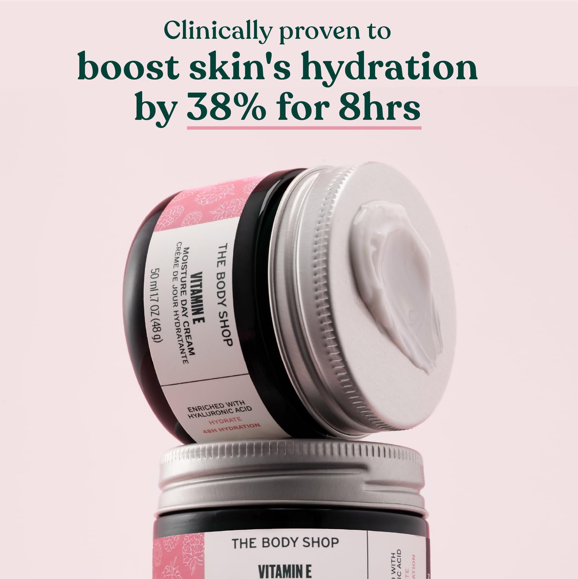 Texture swirl of The Body Shop Vitamin E Moisture Cream highlights light gel hydration