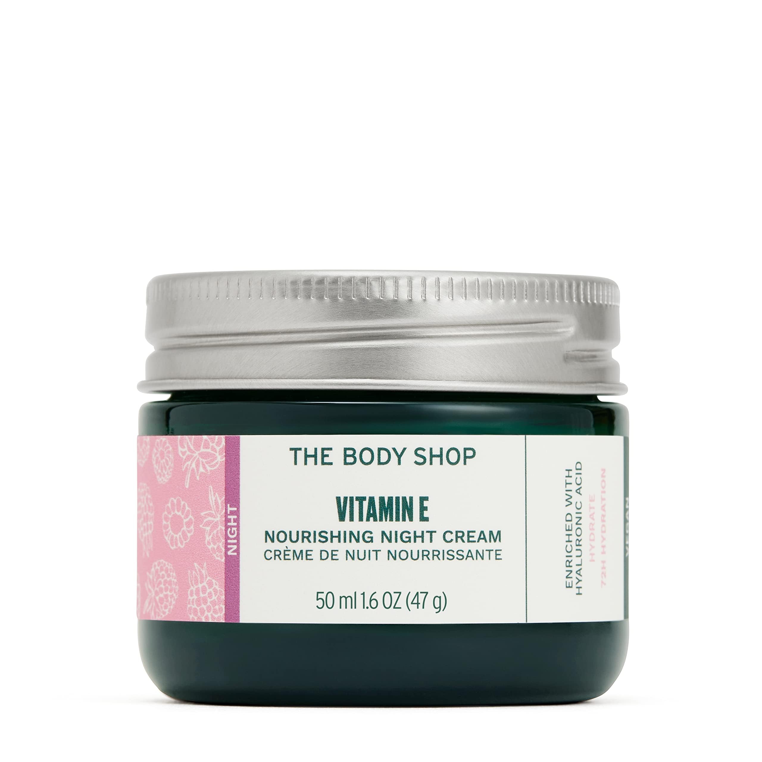 The Body Shop Vitamin E Night Cream jar closeup showing rich texture for overnight hydration.