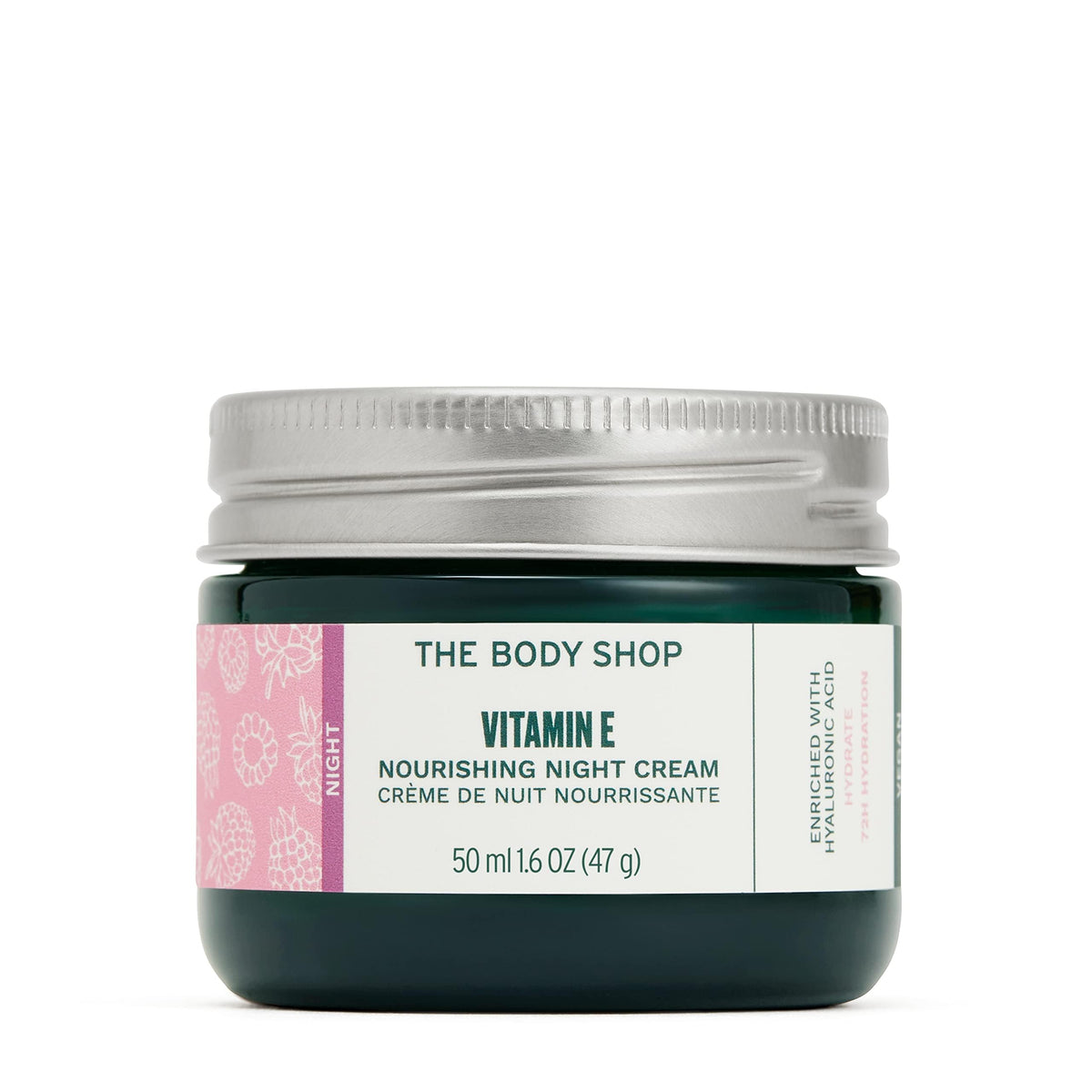 The Body Shop Vitamin E Night Cream jar closeup showing rich texture for overnight hydration.