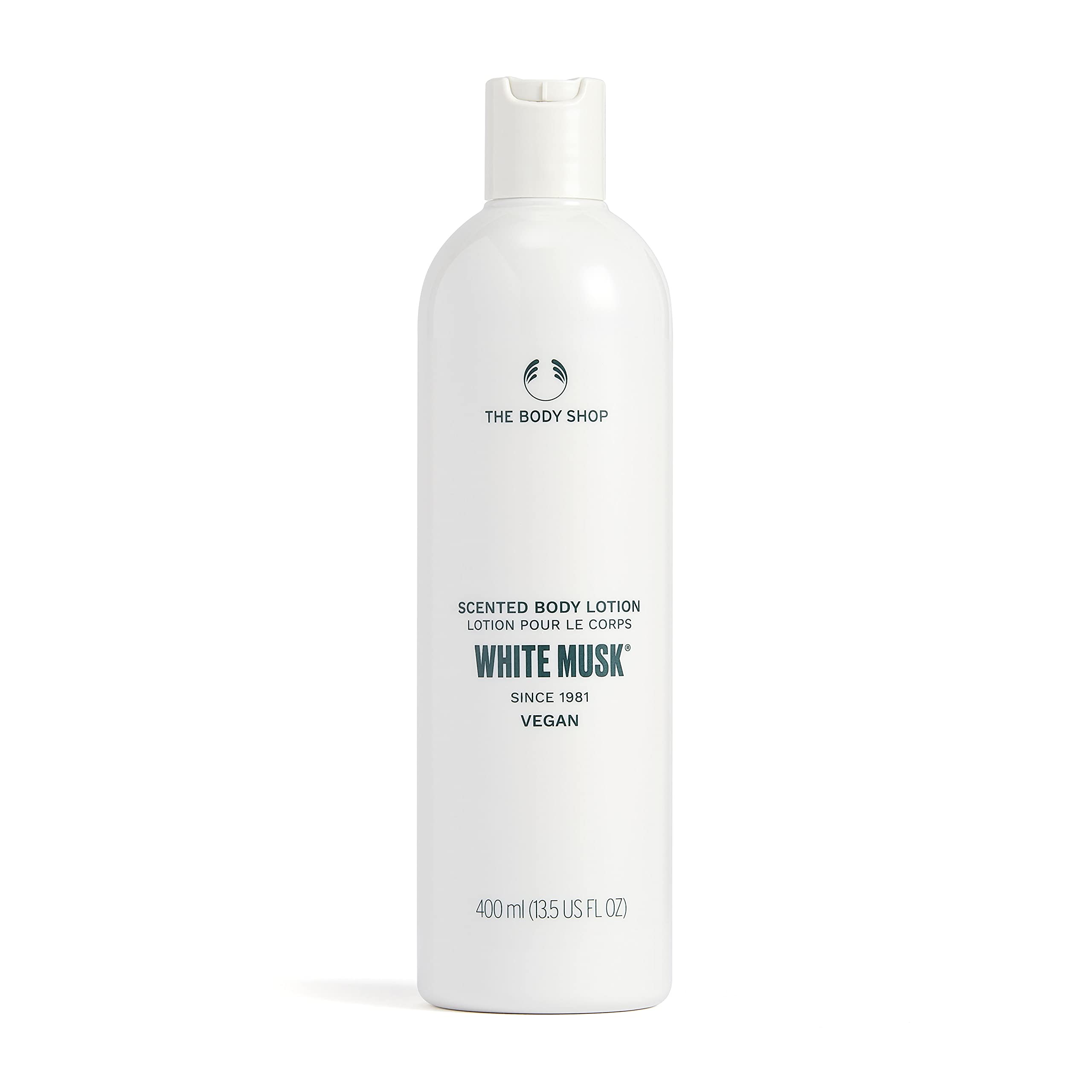 The Body Shop White Musk Body Lotion bottle promoting silky-soft skin hydration