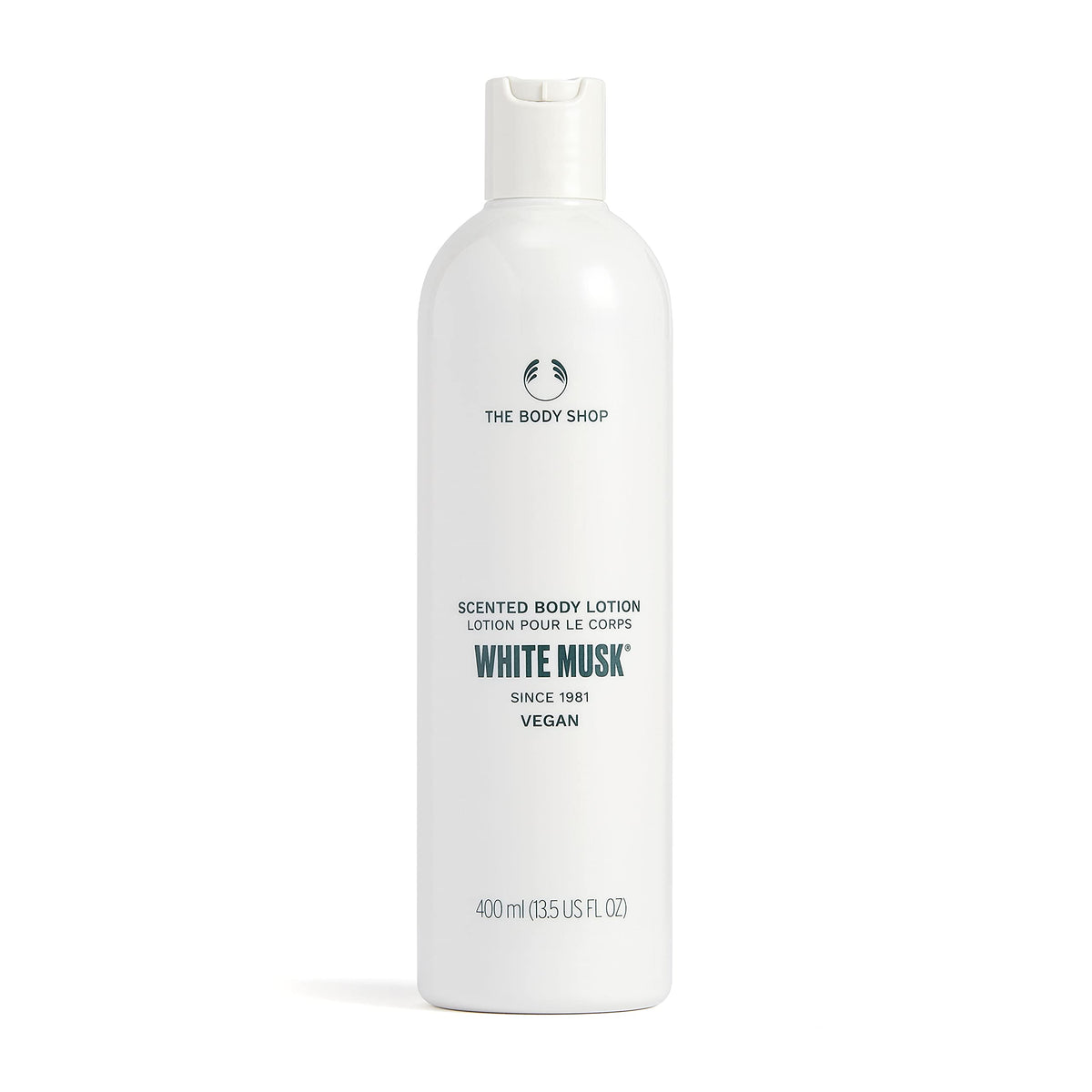 The Body Shop White Musk Body Lotion bottle promoting silky-soft skin hydration