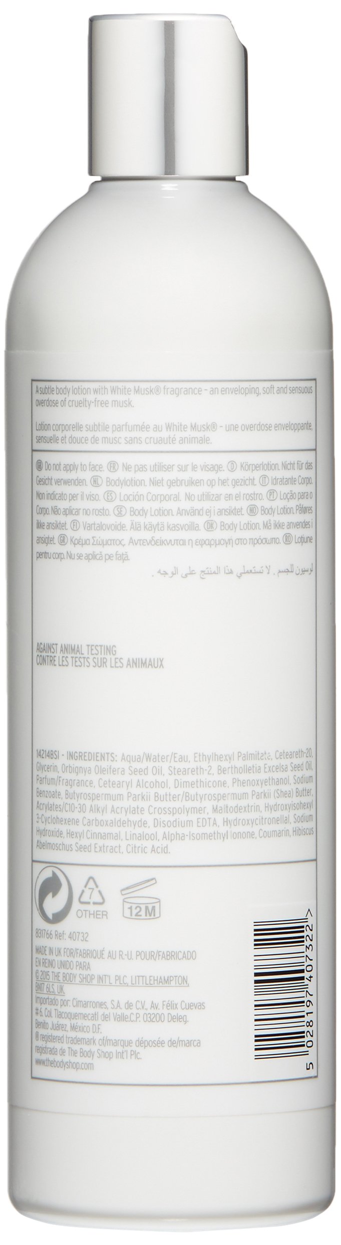 The Body Shop White Musk Body Lotion packaging highlights vegan, paraben-free formula