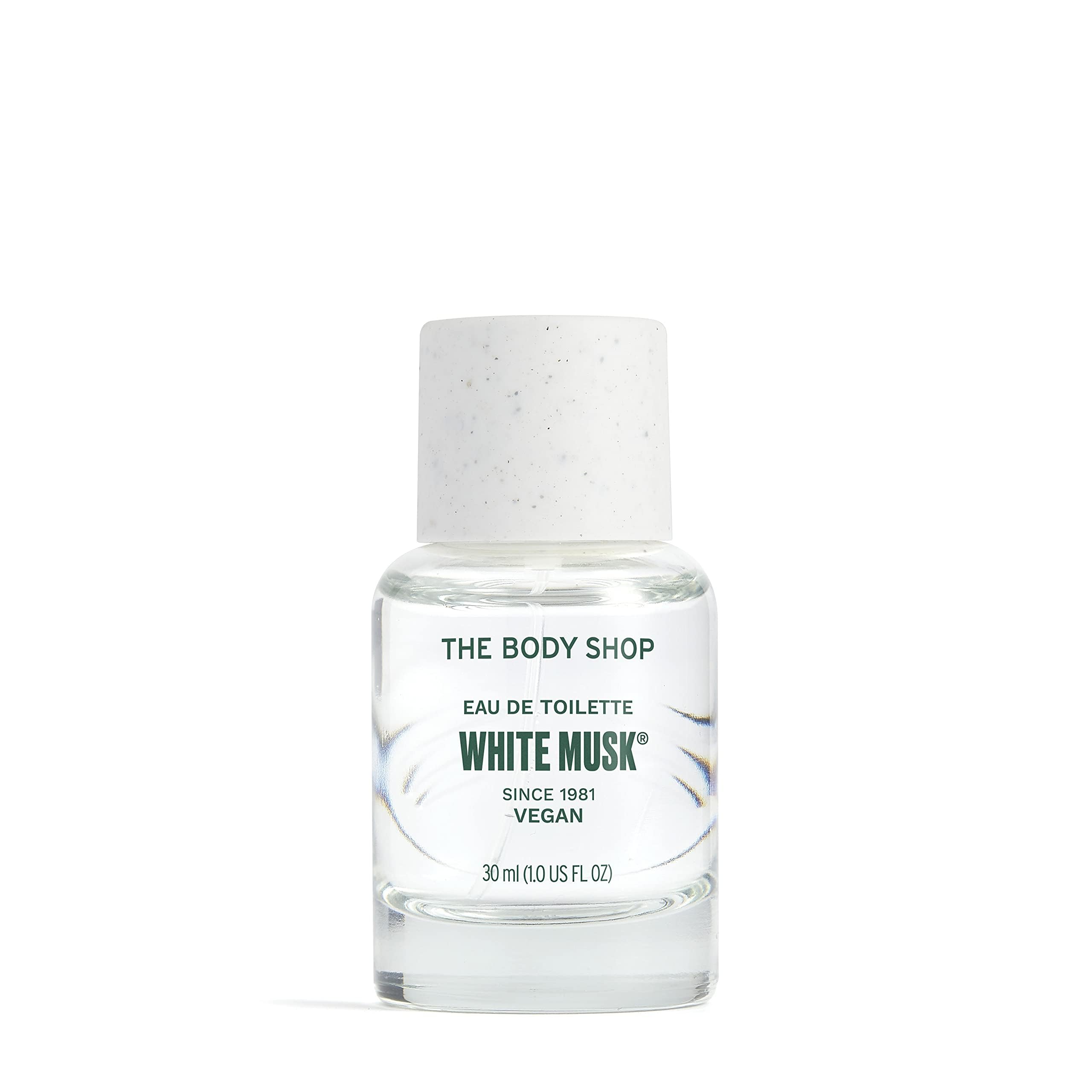 The Body Shop White Musk EDT bottle close-up, hinting at a fresh floral scent.