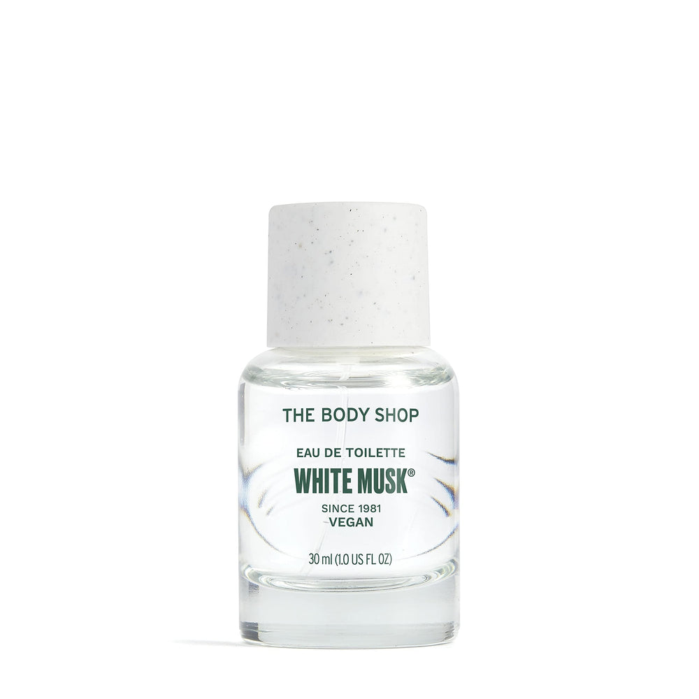 The Body Shop White Musk EDT bottle close-up, hinting at a fresh floral scent.